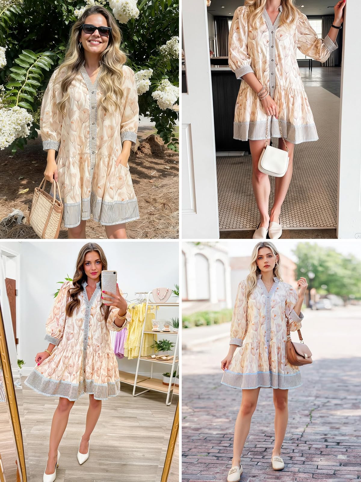 Imily Bela Women's Floral Boho Mini Dress 3/4 Long Sleeve V Neck Casual Button Down Shirt Dresses