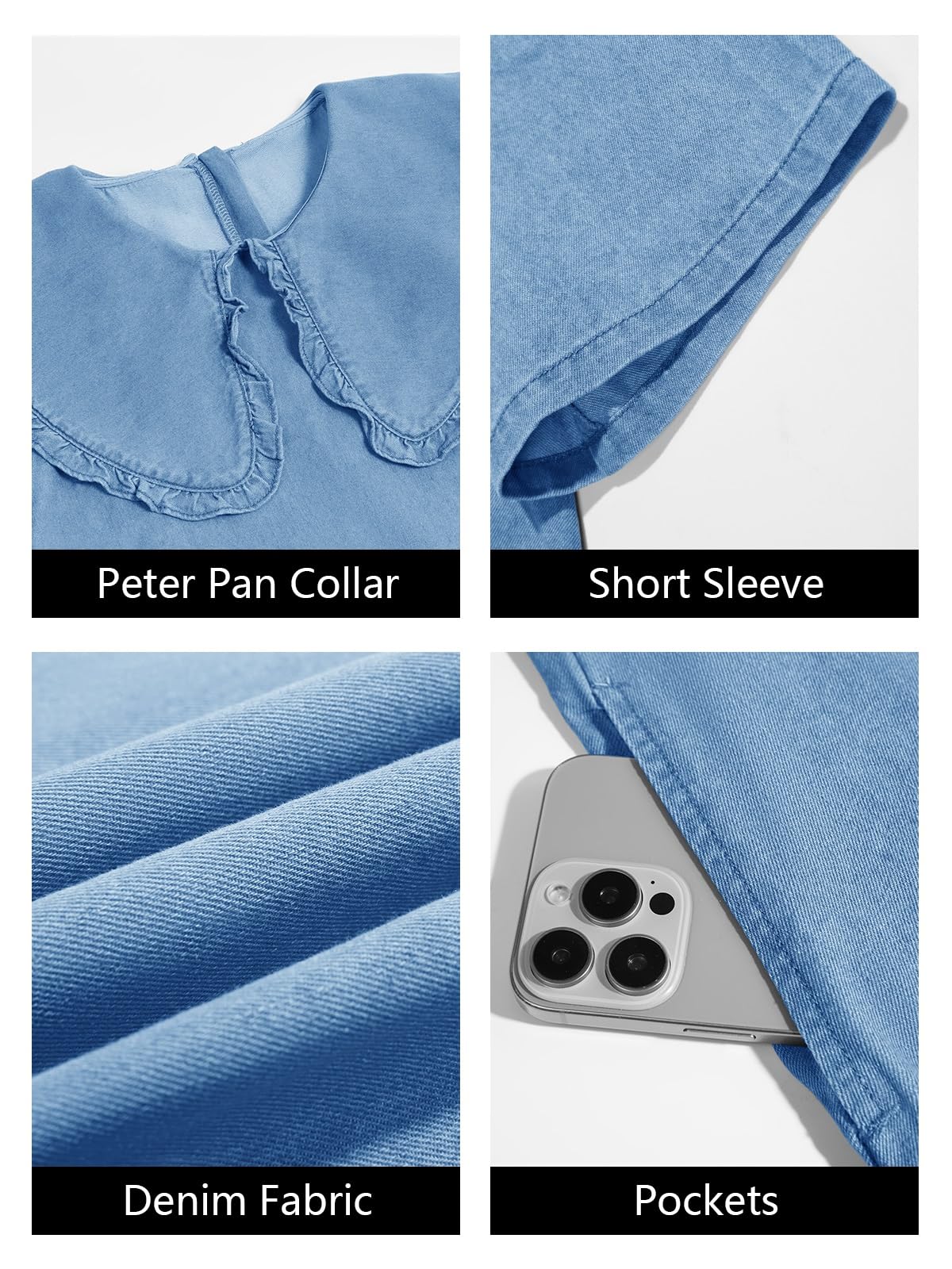 Imily Bela Womens Summer Denim Mini Dress Oversized Peter Pan Collar Short Sleeve Casual Flowy Babydoll Jean Dresses