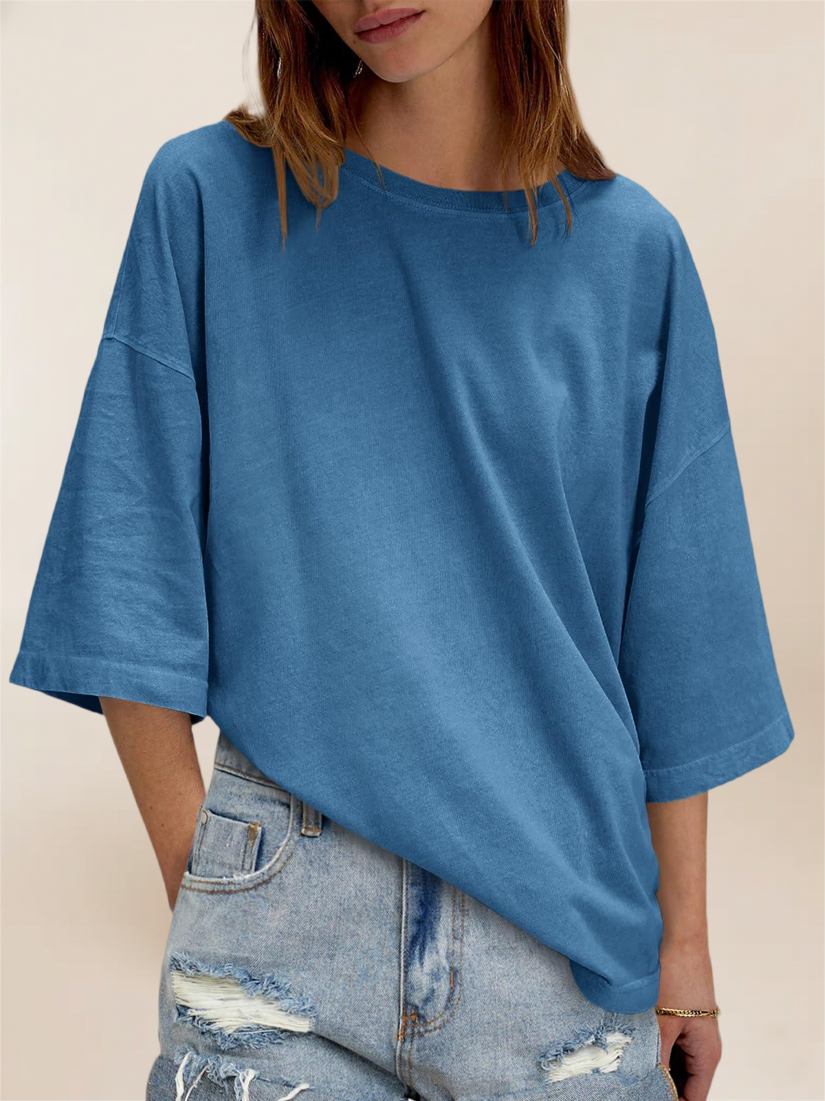 Imily Bela Womens Oversized Half Sleeve T-Shirts Summer Casual Crew Neck Tunic Tops Loose Fit Boxy Basic Tees