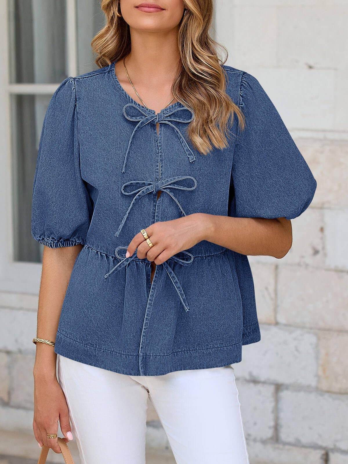 Imily Bela Womens Denim Tie Front Tops Babydoll Peplum Puff Sleeve Jean Shirts Crew Neck Summer Casual Bow Blouses