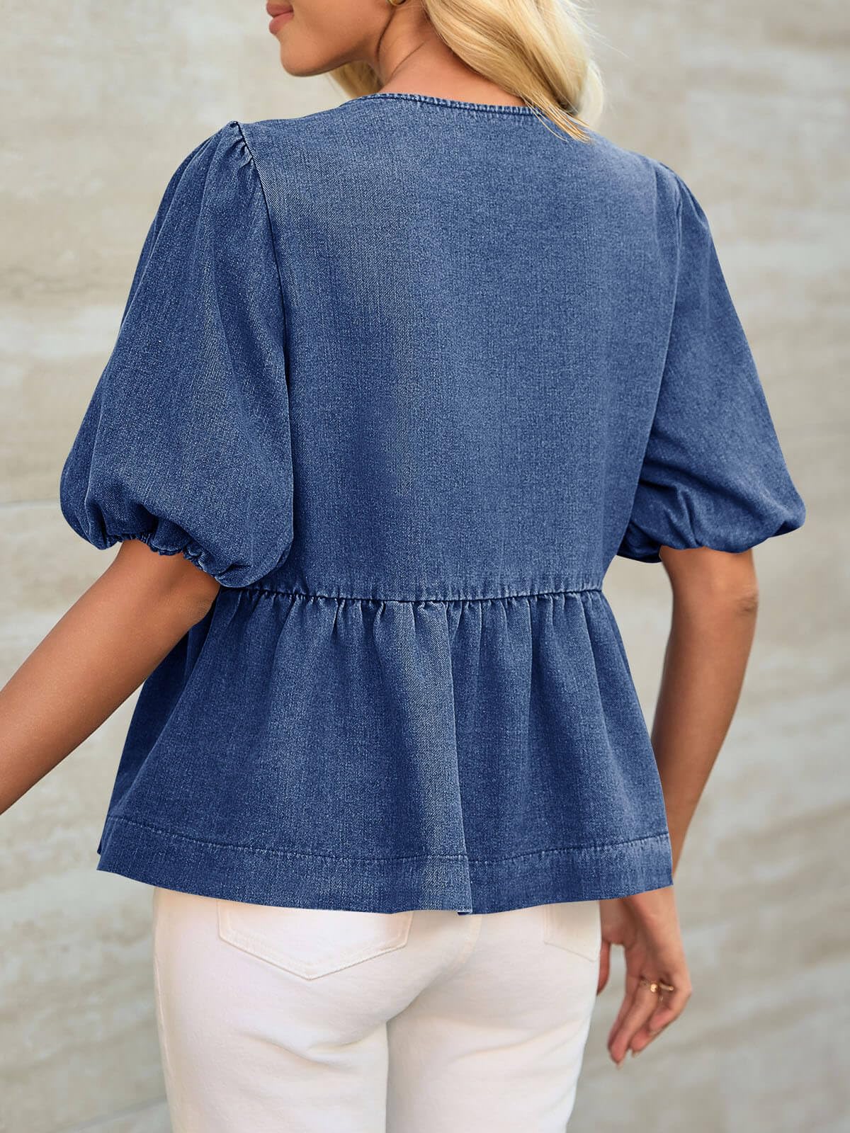 Imily Bela Womens Denim Tie Front Tops Babydoll Peplum Puff Sleeve Jean Shirts Crew Neck Summer Casual Bow Blouses