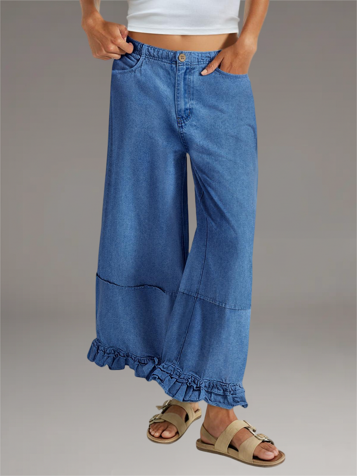 Imily Bela Womens Ruffle Wide Leg Jeans Cropped Elastic High Waisted Baggy Denim Pants With Pockets Blue