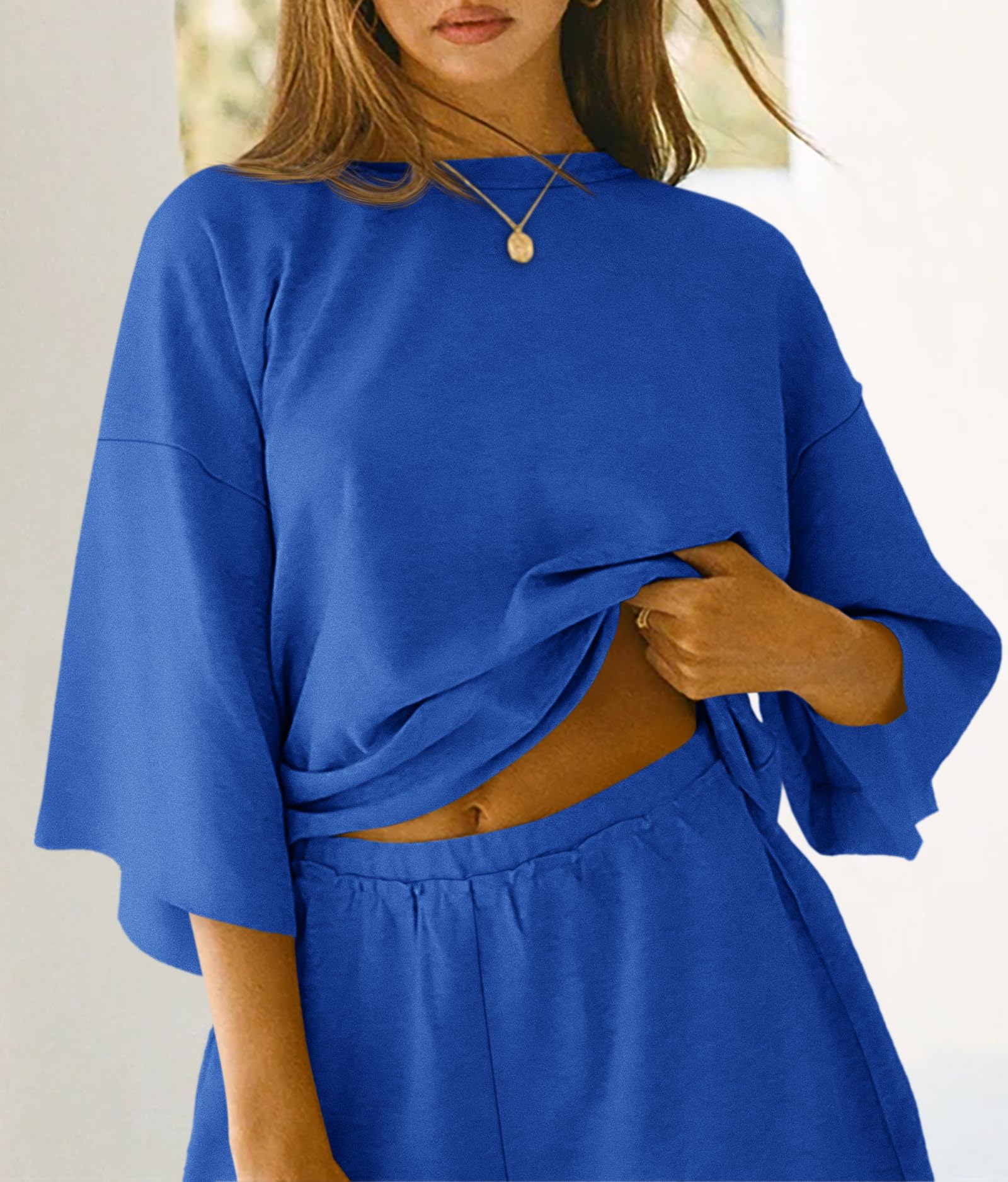 Imily Bela Womens Pajama Sets 3/4 Sleeve Oversized Tops & Loose Fit Shorts Lounge Set With Pockets Loungewear