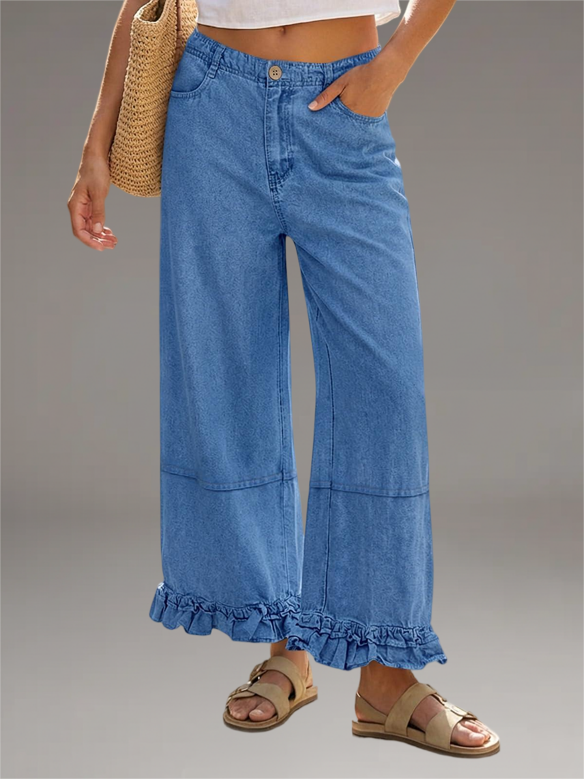 Imily Bela Womens Ruffle Wide Leg Jeans Cropped Elastic High Waisted Baggy Denim Pants With Pockets Blue