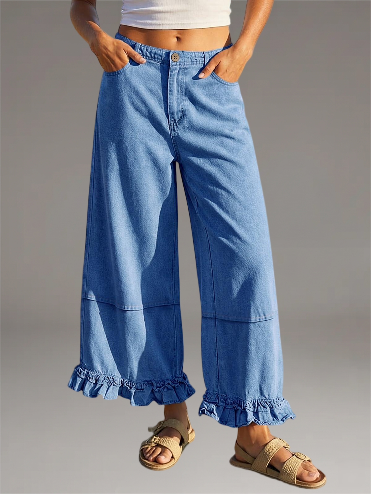 Imily Bela Womens Ruffle Wide Leg Jeans Cropped Elastic High Waisted Baggy Denim Pants With Pockets Blue