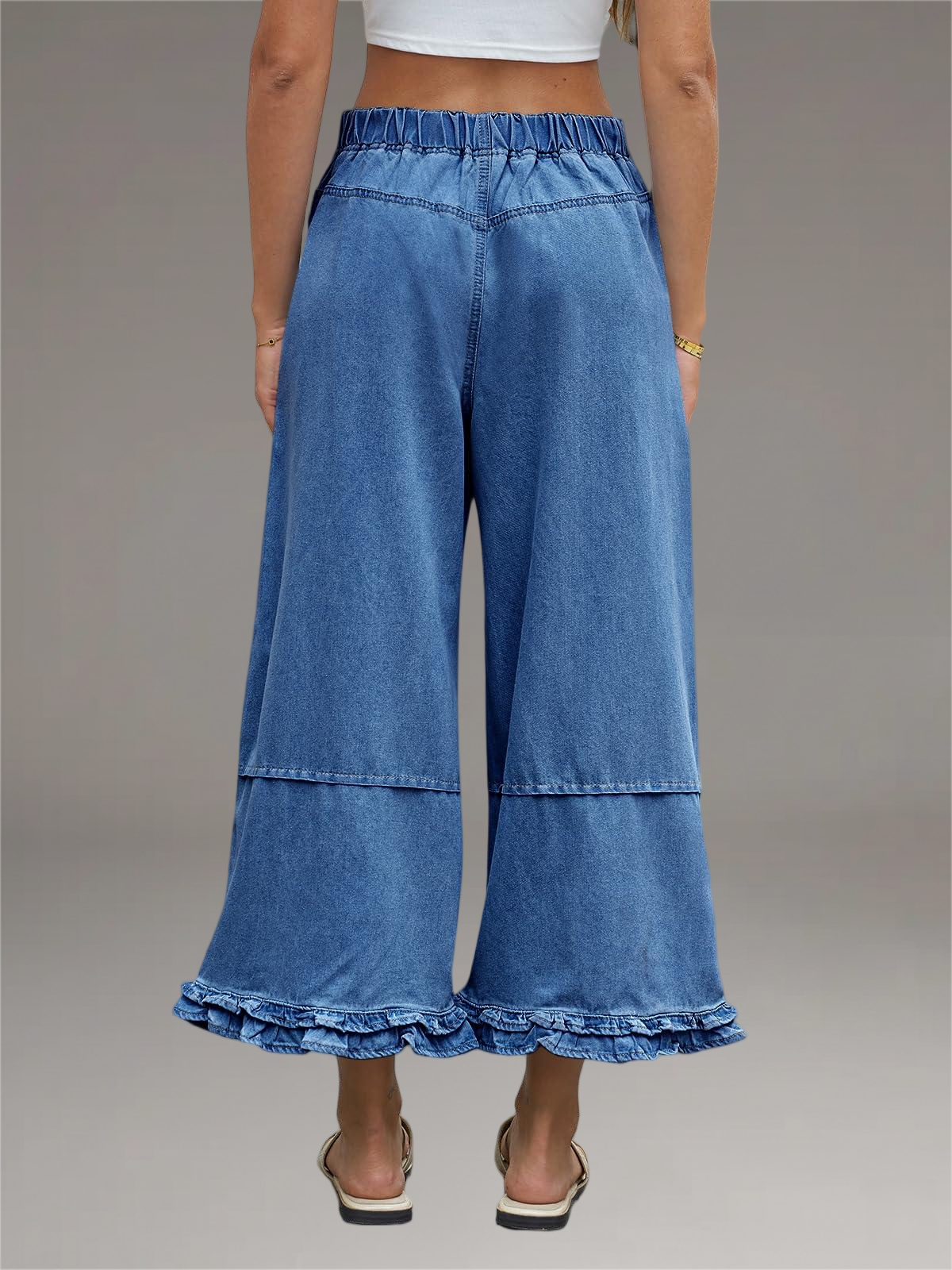 Imily Bela Womens Ruffle Wide Leg Jeans Cropped Elastic High Waisted Baggy Denim Pants With Pockets Blue