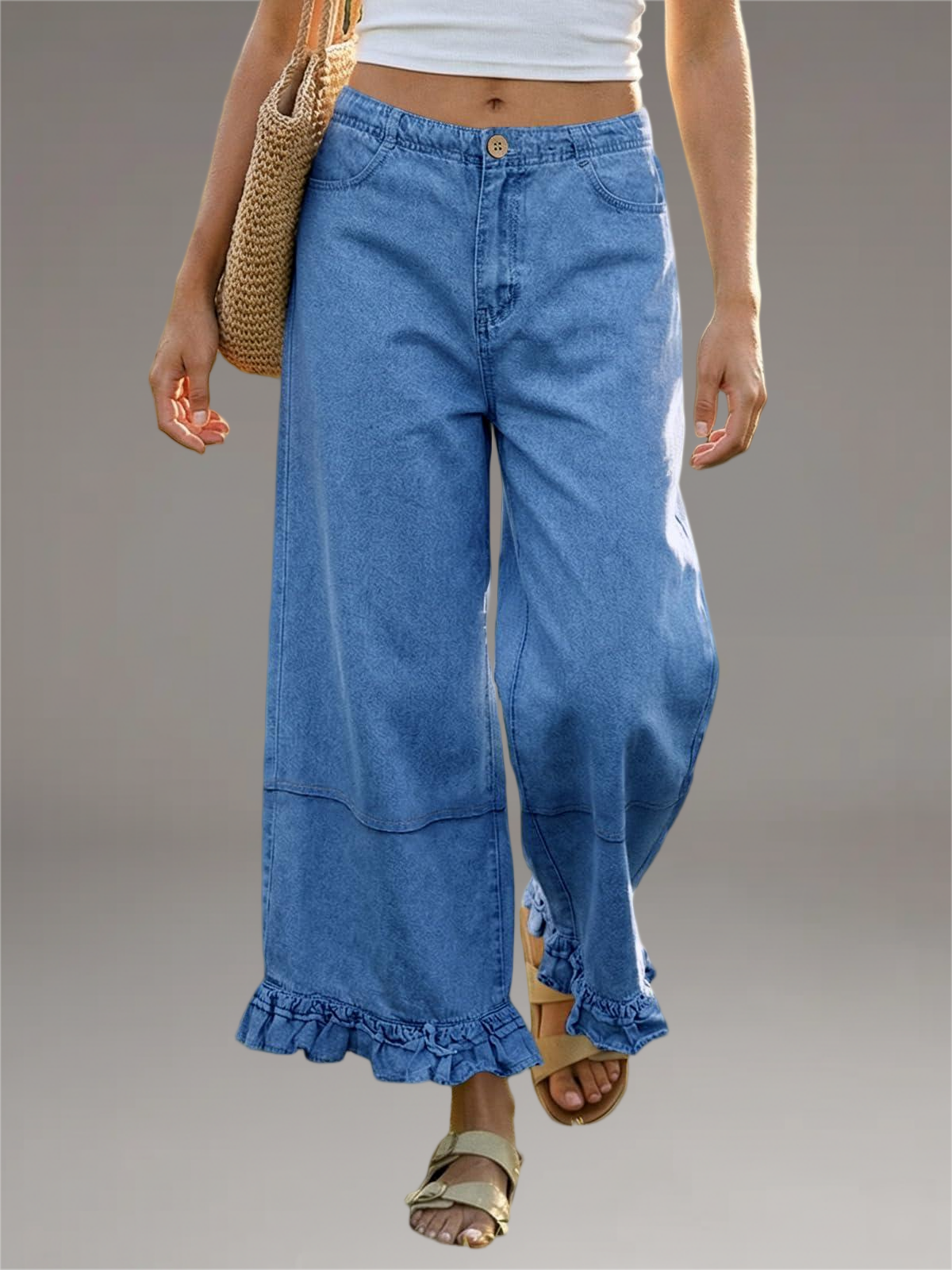 Imily Bela Womens Ruffle Wide Leg Jeans Cropped Elastic High Waisted Baggy Denim Pants With Pockets Blue