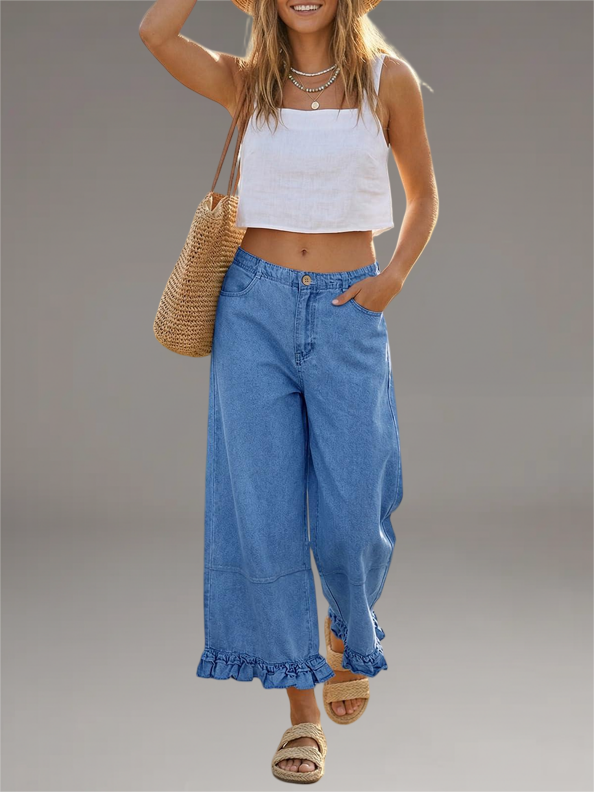 Imily Bela Womens Ruffle Wide Leg Jeans Cropped Elastic High Waisted Baggy Denim Pants With Pockets Blue