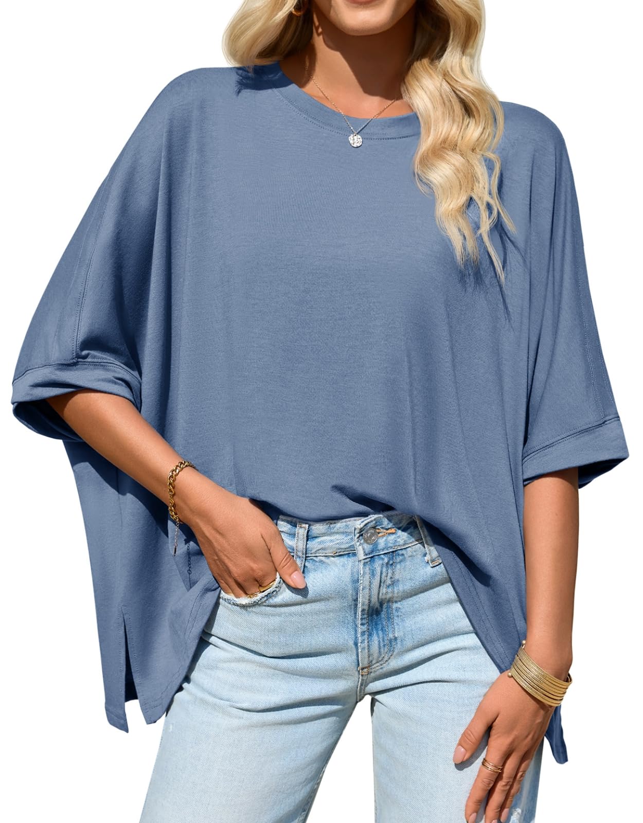 Imily Bela Womens Oversized Tshirts Batwing Short Sleeve Asymmetric Hem Tops Summer Casual Loose Fit Tunic Tee Shirts
