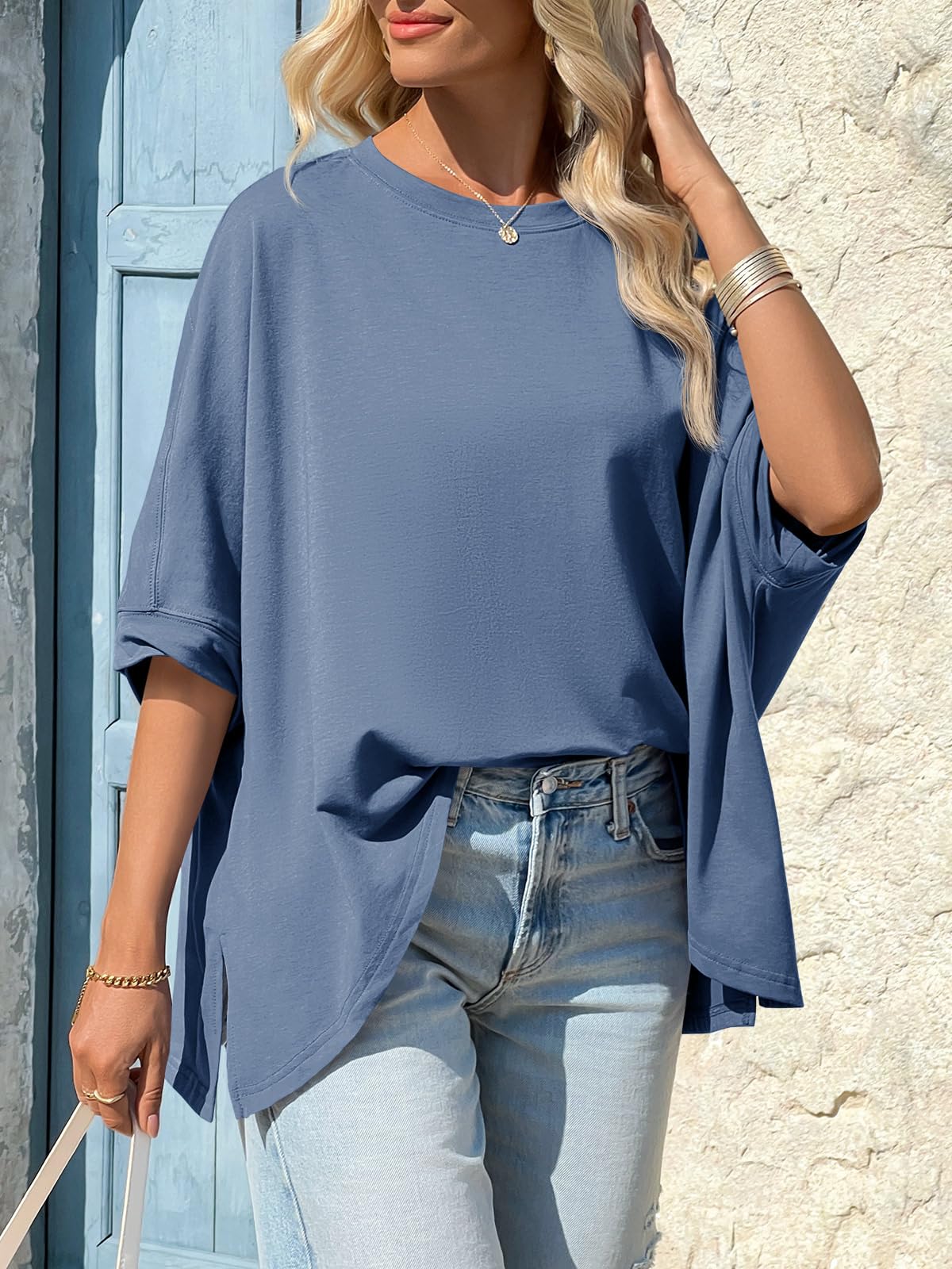 Imily Bela Womens Oversized Tshirts Batwing Short Sleeve Asymmetric Hem Tops Summer Casual Loose Fit Tunic Tee Shirts