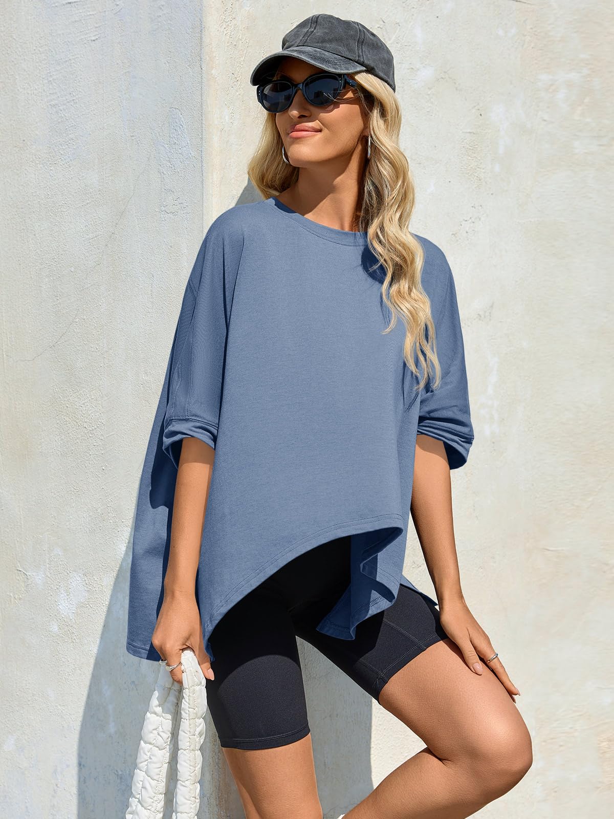 Imily Bela Womens Oversized Tshirts Batwing Short Sleeve Asymmetric Hem Tops Summer Casual Loose Fit Tunic Tee Shirts
