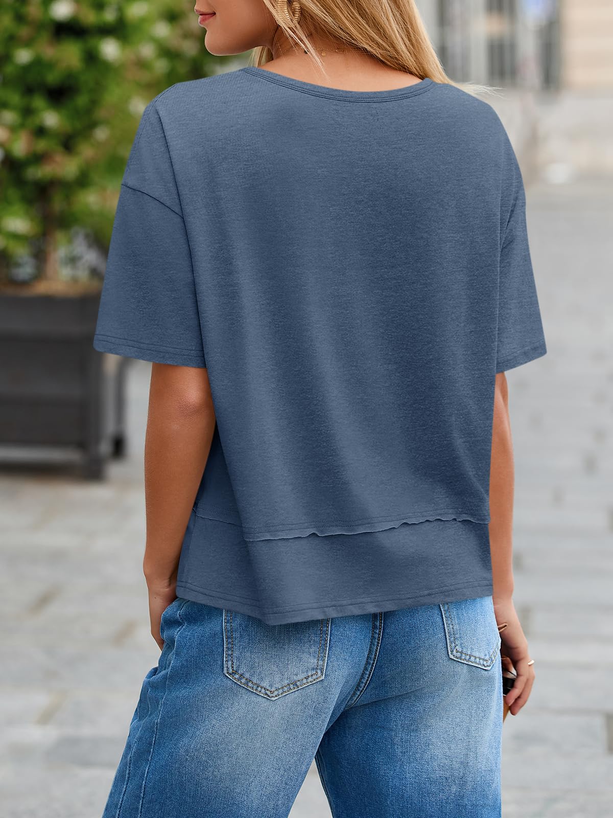 Imily Bela Womens Summer V Neck T Shirts Casual Short Sleeve Flowy Tops Cute Loose Fit Basic Tees