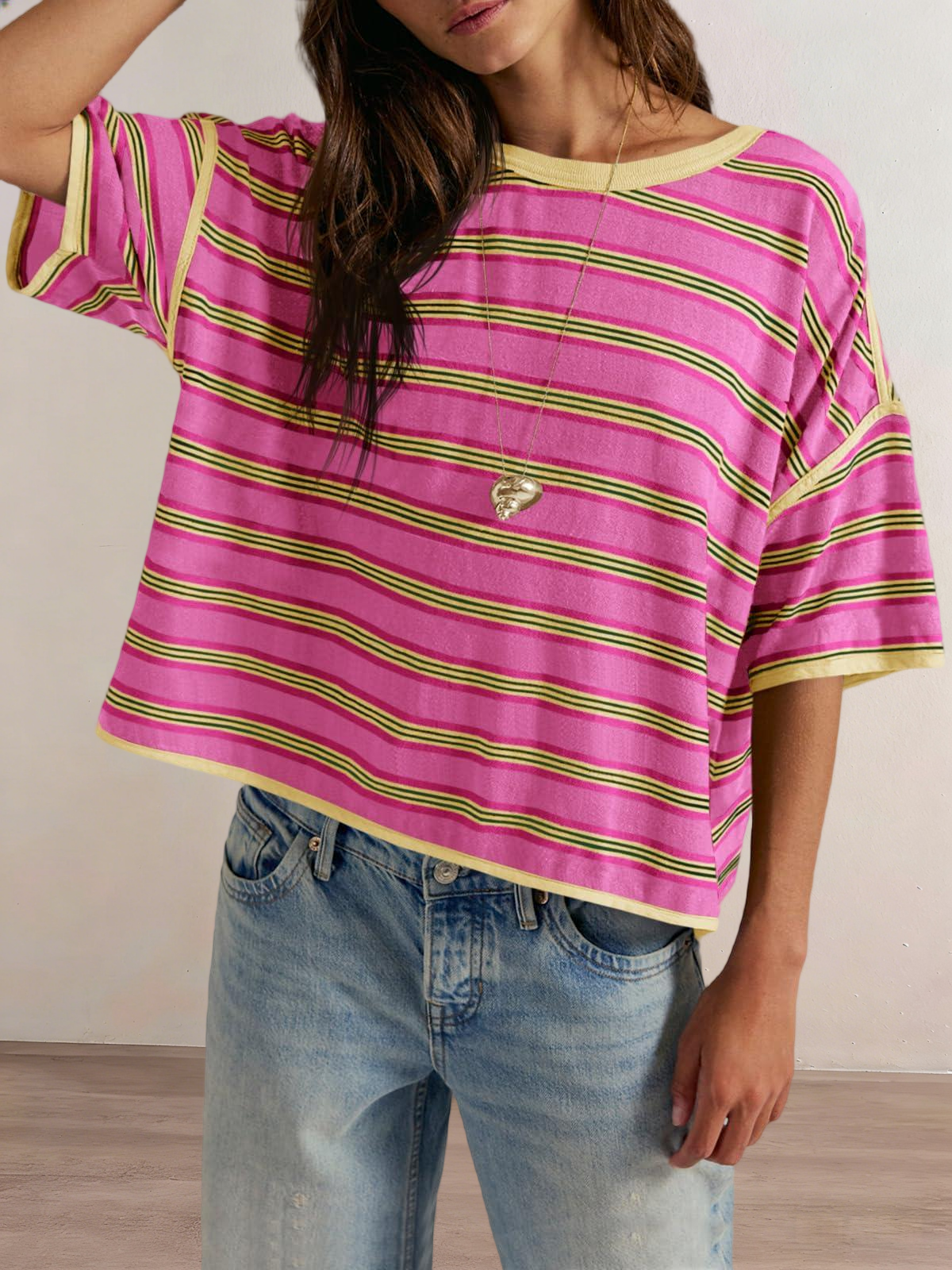 Imily Bela Womens Oversized Striped T-Shirts Summer Casual Color Block Short Sleeve Tops Drop Shoulder Boxy Tees