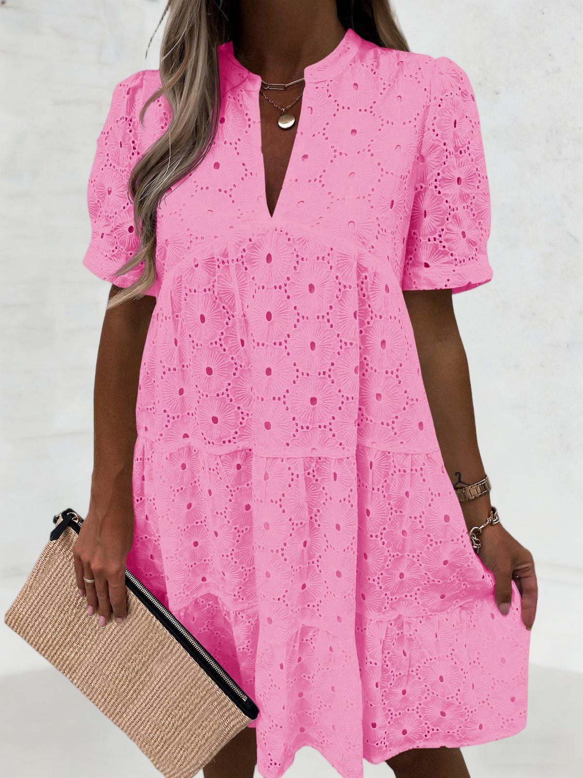 Imily Bela Womens Summer Lace Dresses Eyelet Casual Flowy Babydoll Swing Short Sleeve V Neck Tunic Dress