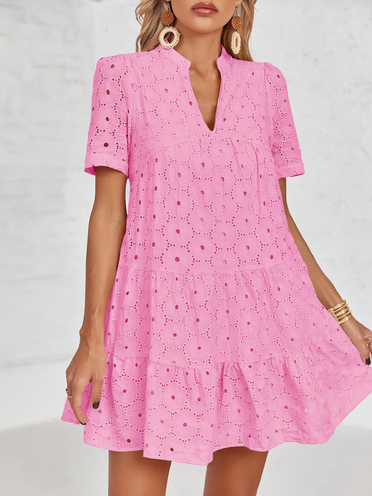 Imily Bela Womens Summer Lace Dresses Eyelet Casual Flowy Babydoll Swing Short Sleeve V Neck Tunic Dress