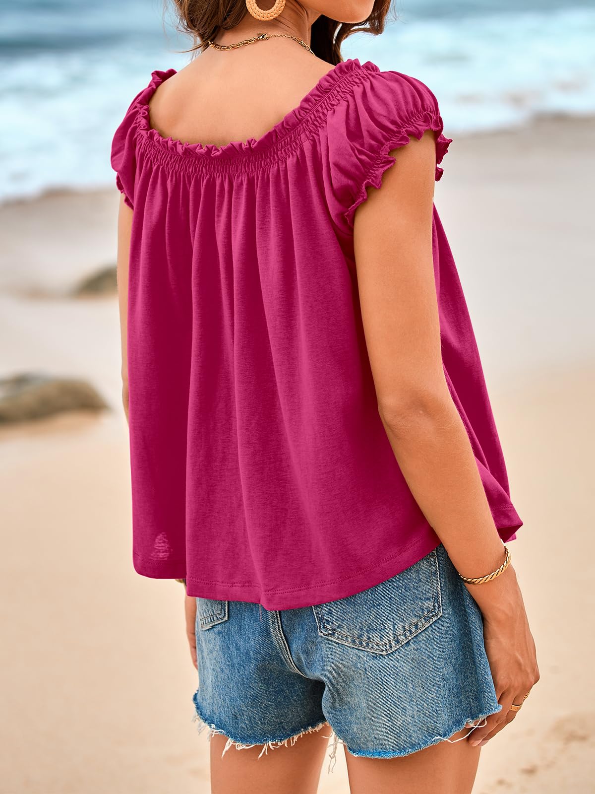 Imily Bela Women Summer Tie Front Tank Tops Cap Sleeve Pleated Babydoll Tops Casual Loose Fit Going Out Flowy Shirt