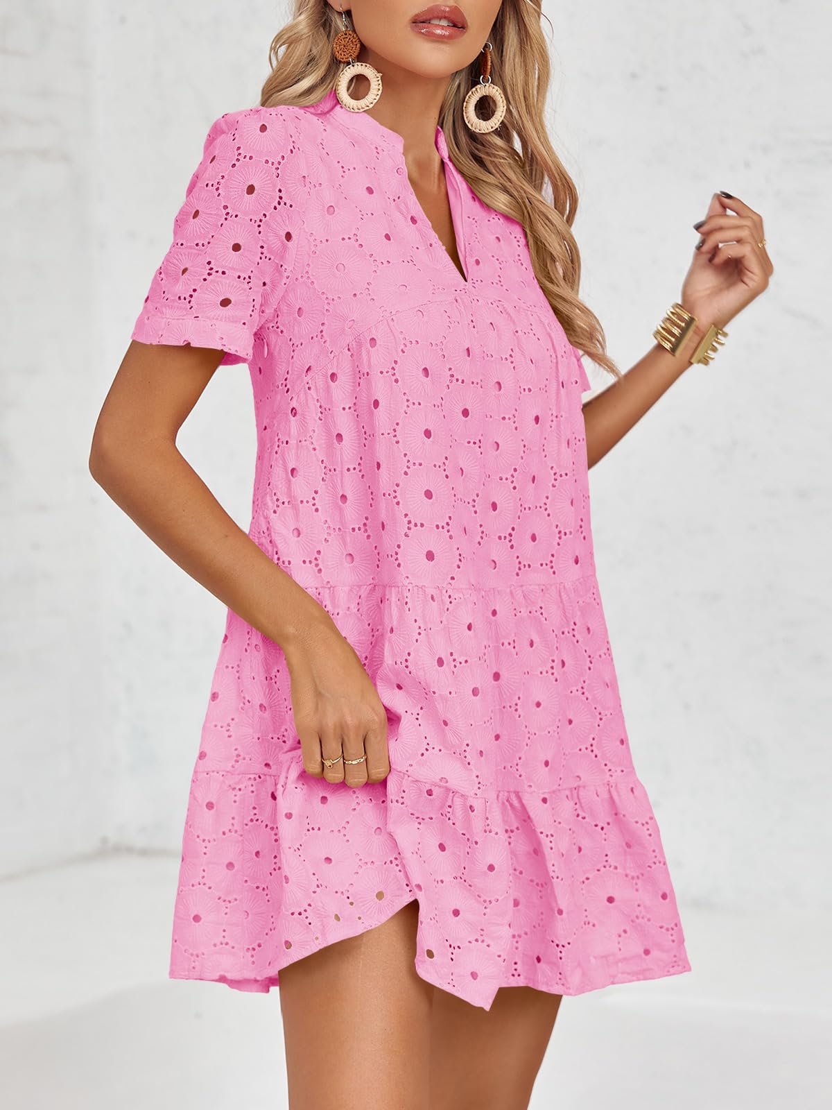 Imily Bela Womens Summer Lace Dresses Eyelet Casual Flowy Babydoll Swing Short Sleeve V Neck Tunic Dress