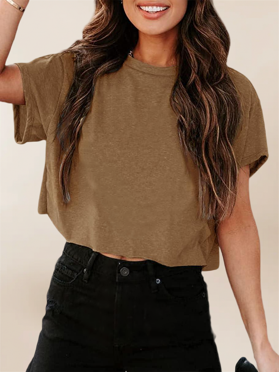 Imily Bela Women Short Sleeve Cropped T-Shirts Crew Neck Loose Crop Tops Summer Casual Drop Shoulder Basic Tees