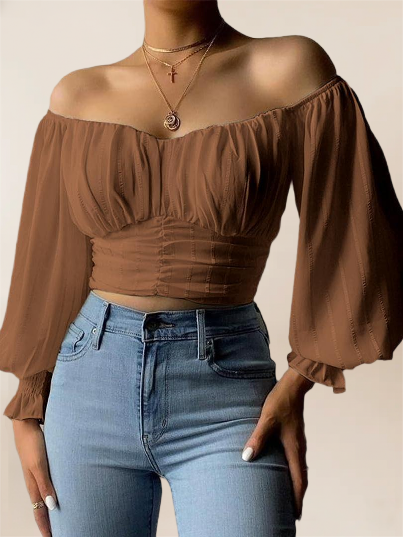 Imily Bela Womens Elegant Off The Shoulder Puff Sleeve Blouse Summer Chiffon Slim Fit Party Crop Top