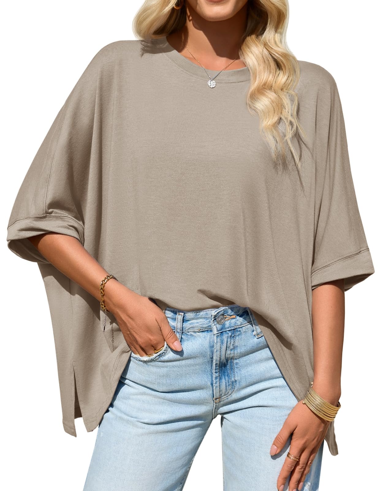 Imily Bela Womens Oversized Tshirts Batwing Short Sleeve Asymmetric Hem Tops Summer Casual Loose Fit Tunic Tee Shirts