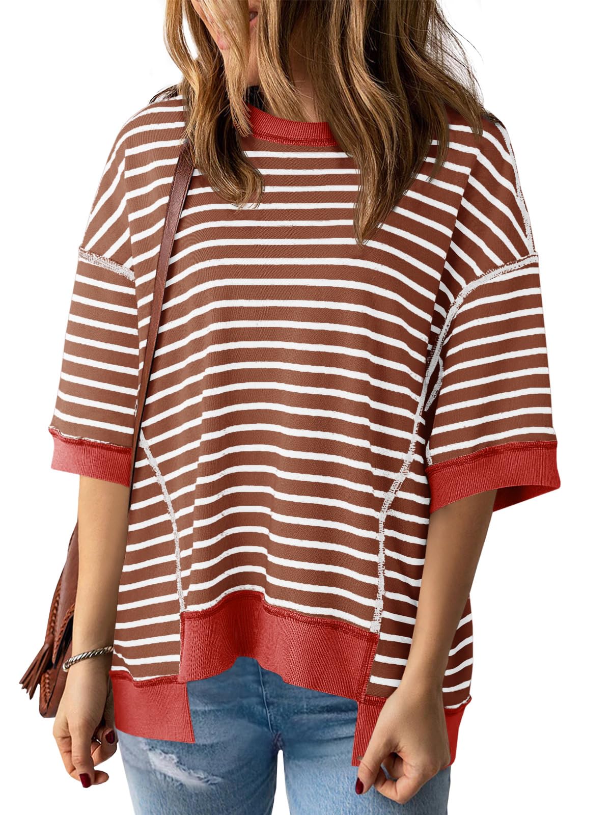Imily Bela Womens Oversized T Shirts Striped Color Block Cotton Tops Summer Casual Half Sleeve Loose Fit Crewneck Sweatshirts