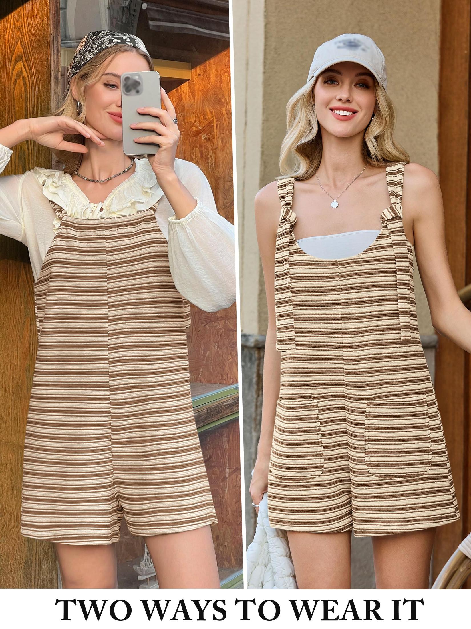 Imily Bela Womens Summer Casual Sleeveless Romper Loose Striped Tied Shorts Overalls Jumpsuit with Pockets