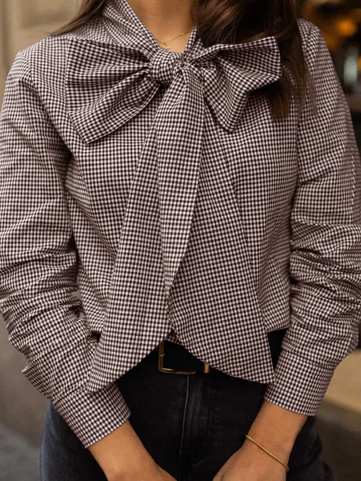 Imily Bela Womens Plaid Shirts Bow Tied Neck Button Down Long Sleeve Casual Dressy Blouse Tops