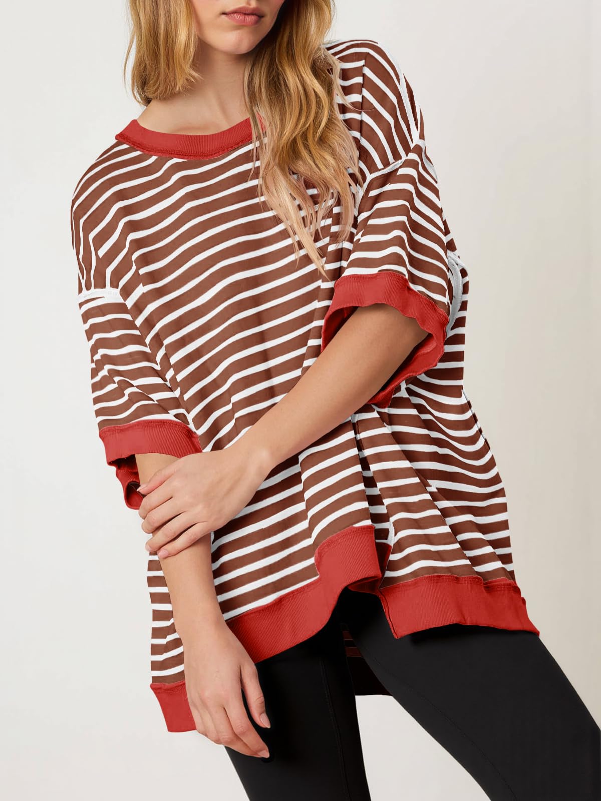 Imily Bela Womens Oversized T Shirts Striped Color Block Cotton Tops Summer Casual Half Sleeve Loose Fit Crewneck Sweatshirts