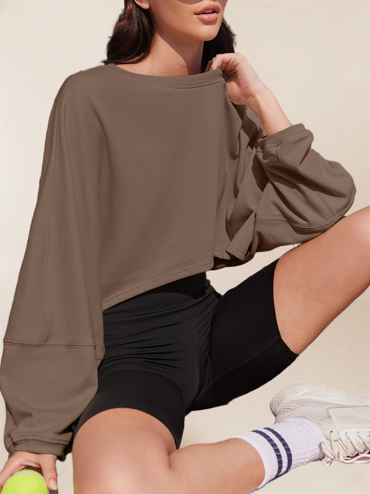 Imily Bela Womens Long Ballon Sleeve Sweatshirts Tops Cropped Crew Neck Loose Fit Casual Workout Shirts