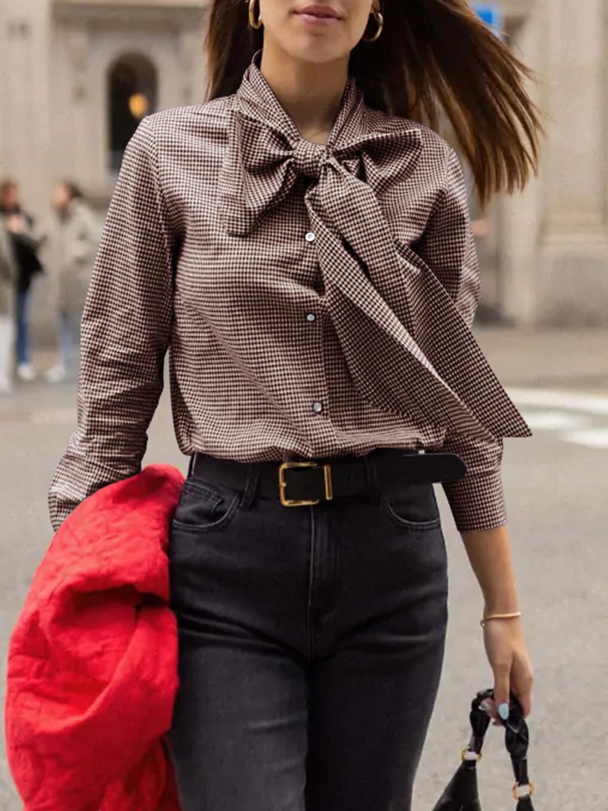 Imily Bela Womens Plaid Shirts Bow Tied Neck Button Down Long Sleeve Casual Dressy Blouse Tops