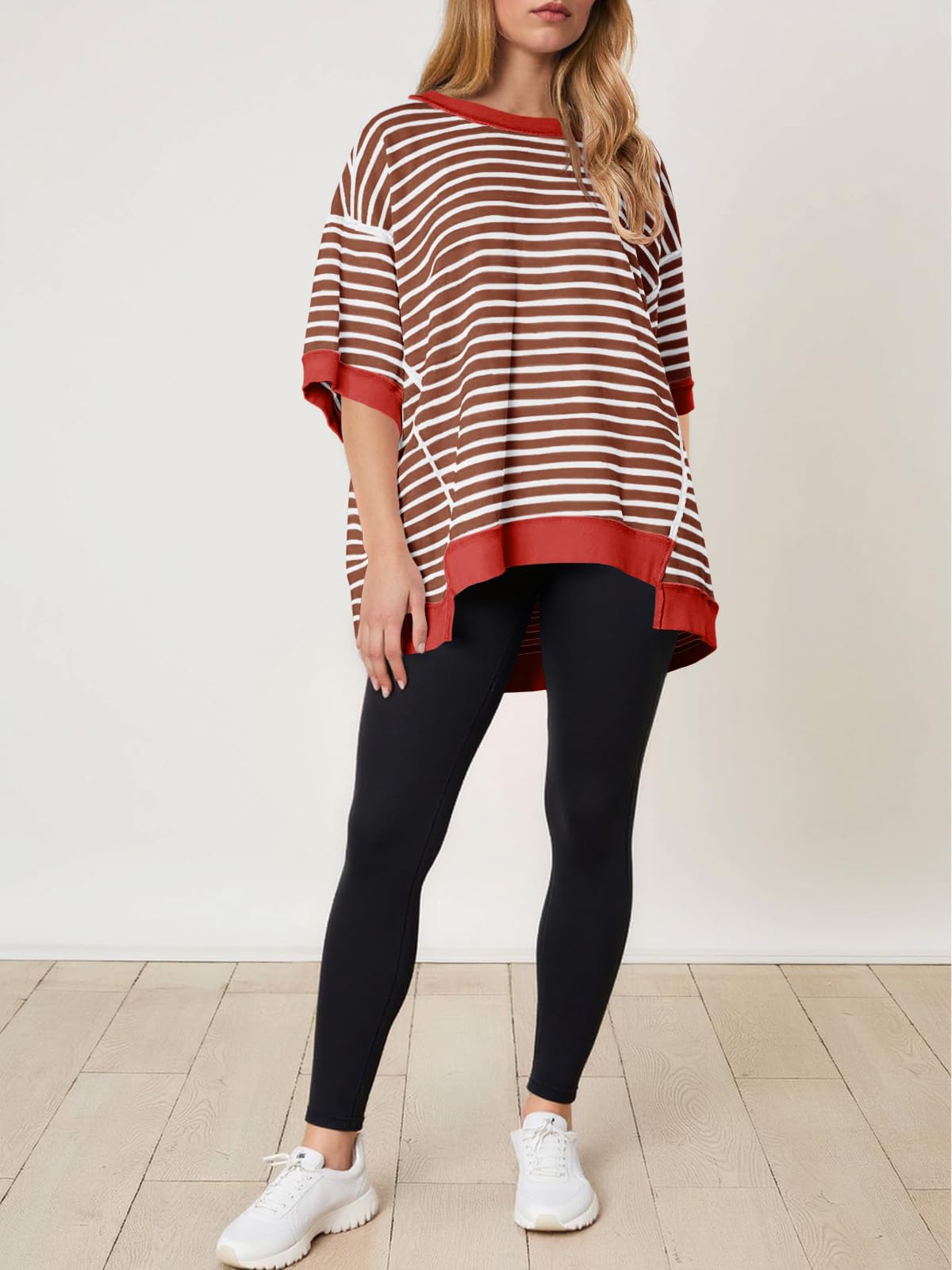 Imily Bela Womens Oversized T Shirts Striped Color Block Cotton Tops Summer Casual Half Sleeve Loose Fit Crewneck Sweatshirts