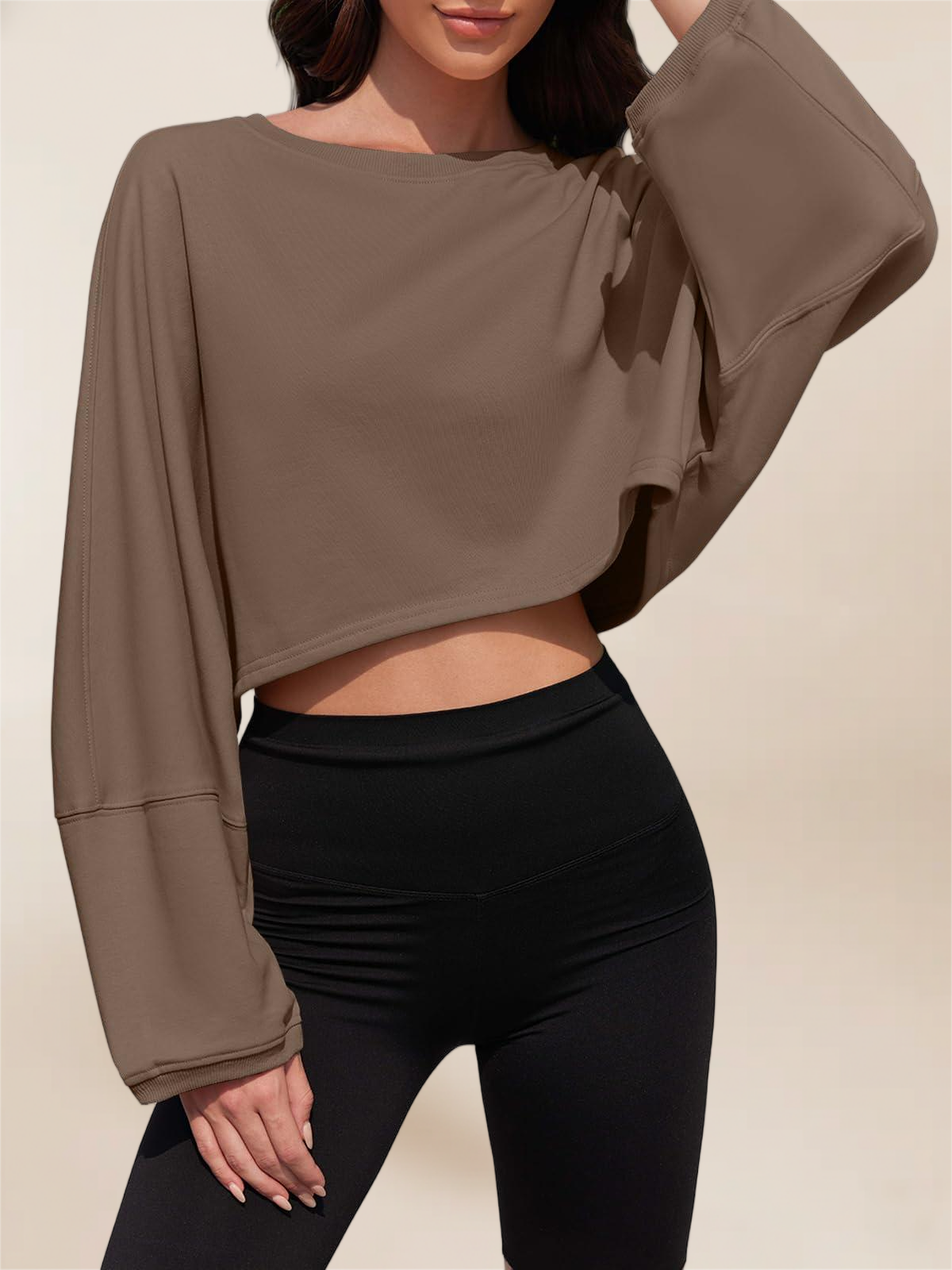 Imily Bela Womens Long Ballon Sleeve Sweatshirts Tops Cropped Crew Neck Loose Fit Casual Workout Shirts