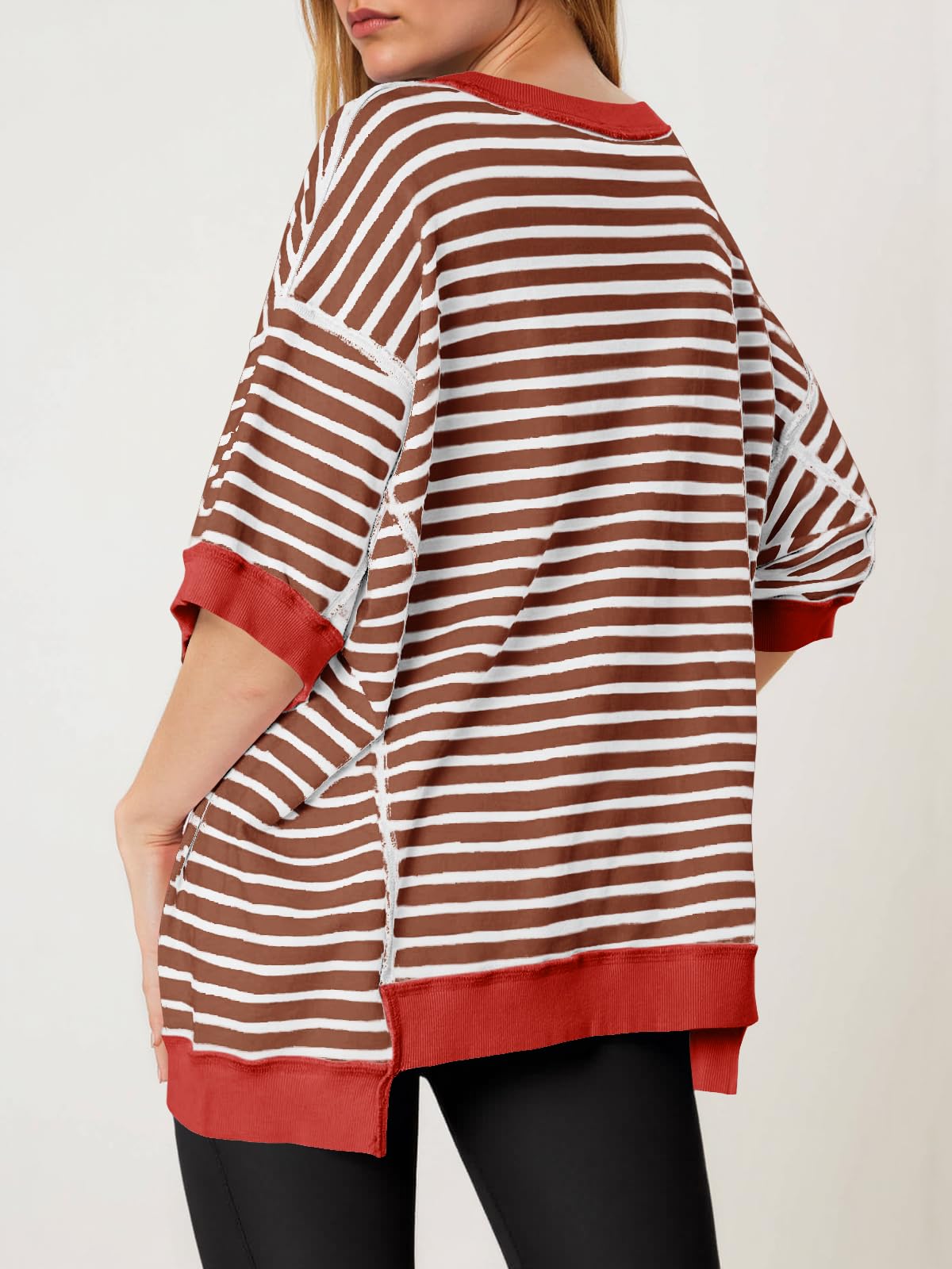 Imily Bela Womens Oversized T Shirts Striped Color Block Cotton Tops Summer Casual Half Sleeve Loose Fit Crewneck Sweatshirts