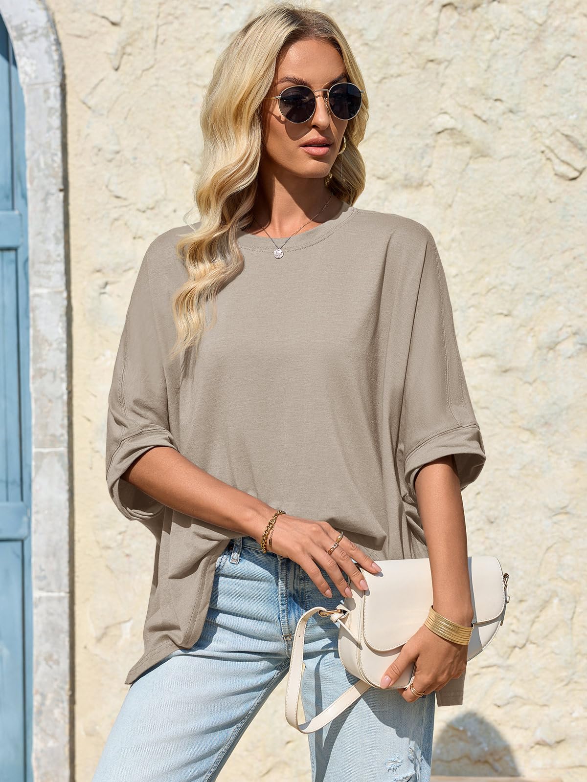 Imily Bela Womens Oversized Tshirts Batwing Short Sleeve Asymmetric Hem Tops Summer Casual Loose Fit Tunic Tee Shirts