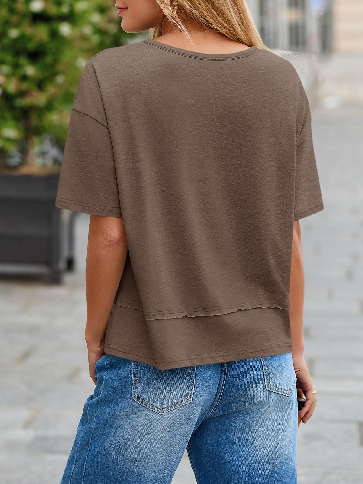 Imily Bela Womens Summer V Neck T Shirts Casual Short Sleeve Flowy Tops Cute Loose Fit Basic Tees
