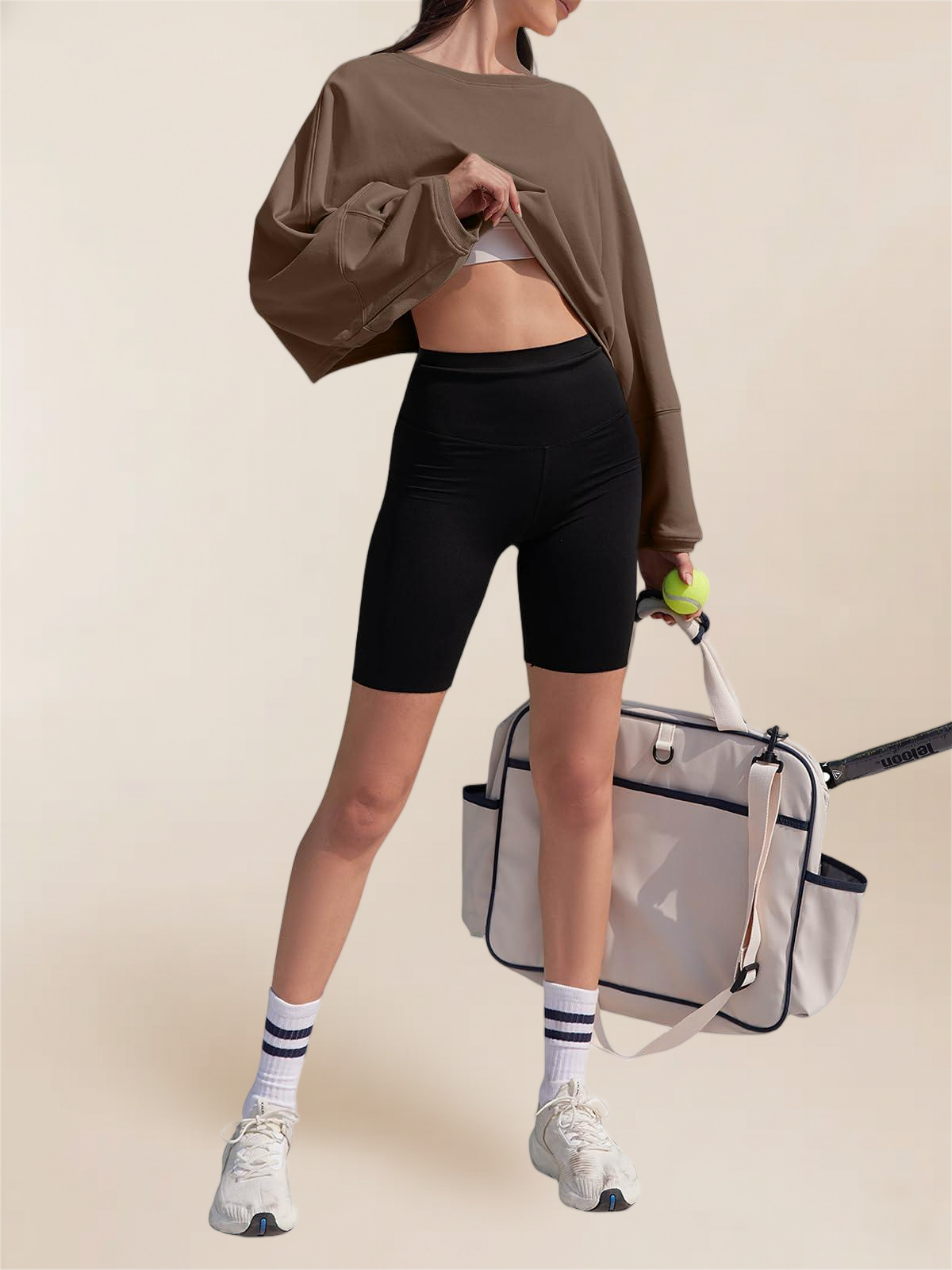 Imily Bela Womens Long Ballon Sleeve Sweatshirts Tops Cropped Crew Neck Loose Fit Casual Workout Shirts