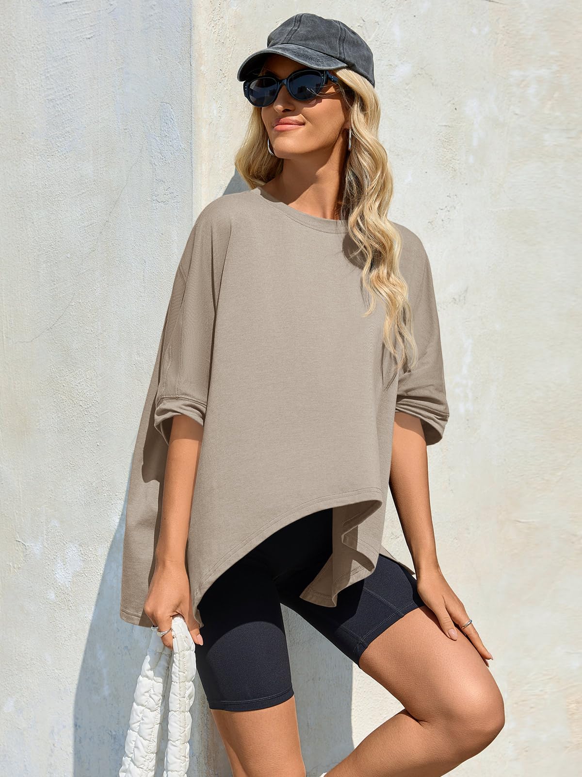Imily Bela Womens Oversized Tshirts Batwing Short Sleeve Asymmetric Hem Tops Summer Casual Loose Fit Tunic Tee Shirts