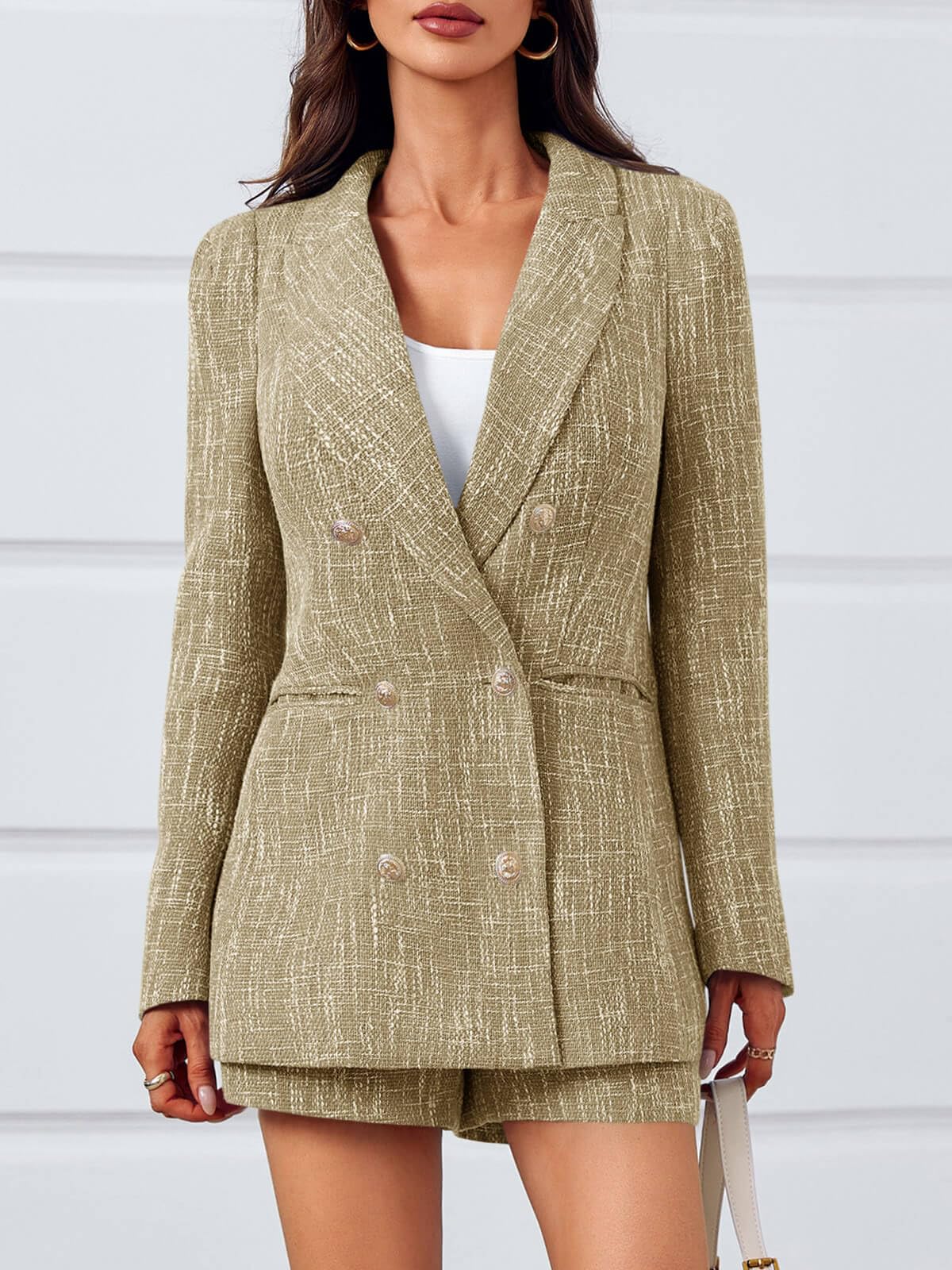Imily Bela Womens 2 Piece Tweed Blazer Shorts Sets Long Sleeve Double Breasted Suit Jackets Business Outfit
