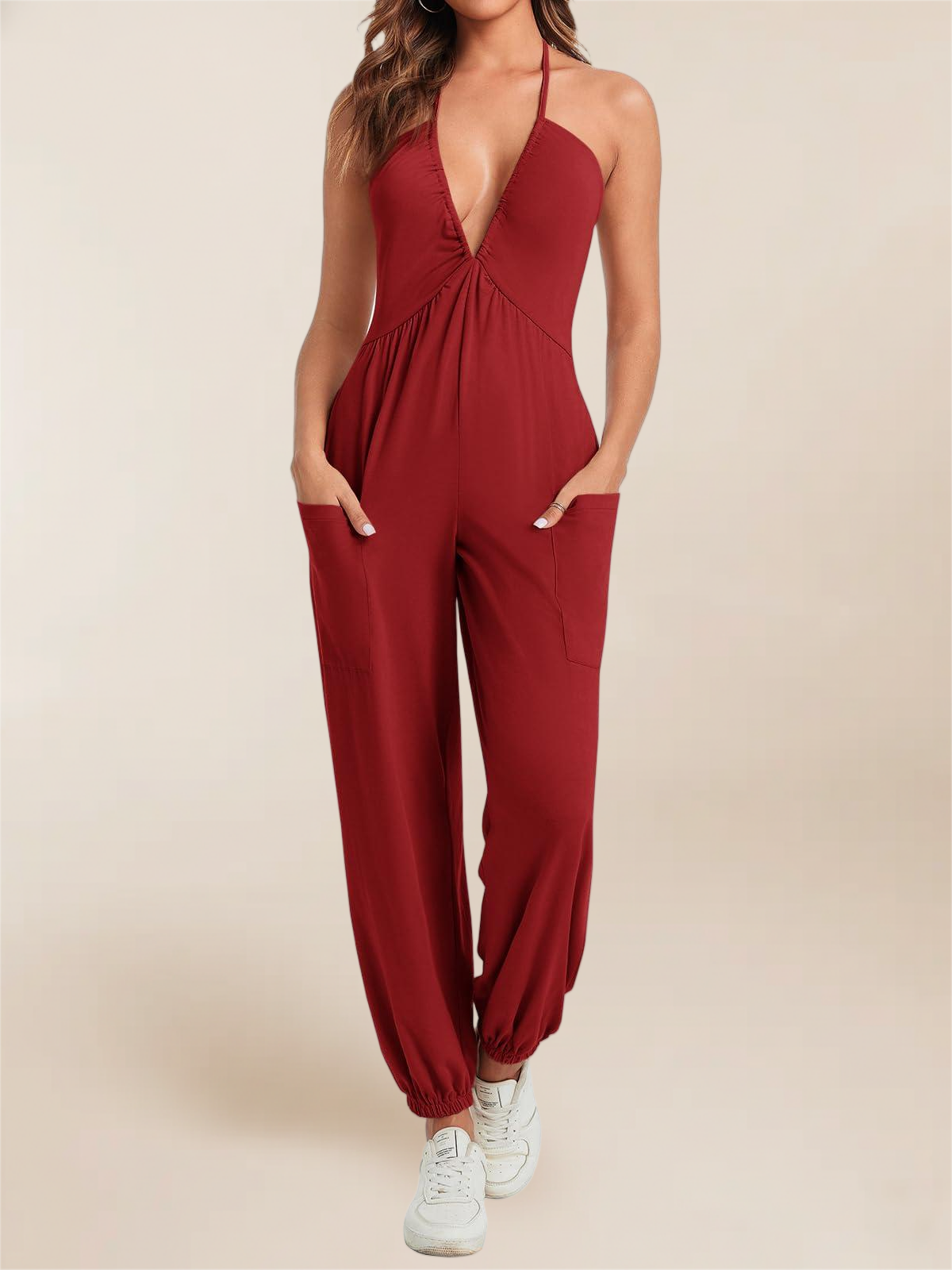 Imily Bela Women'S Sexy Halter Jumpsuits Casual Deep V Nevk Beach Jogger Long Pants Rompers