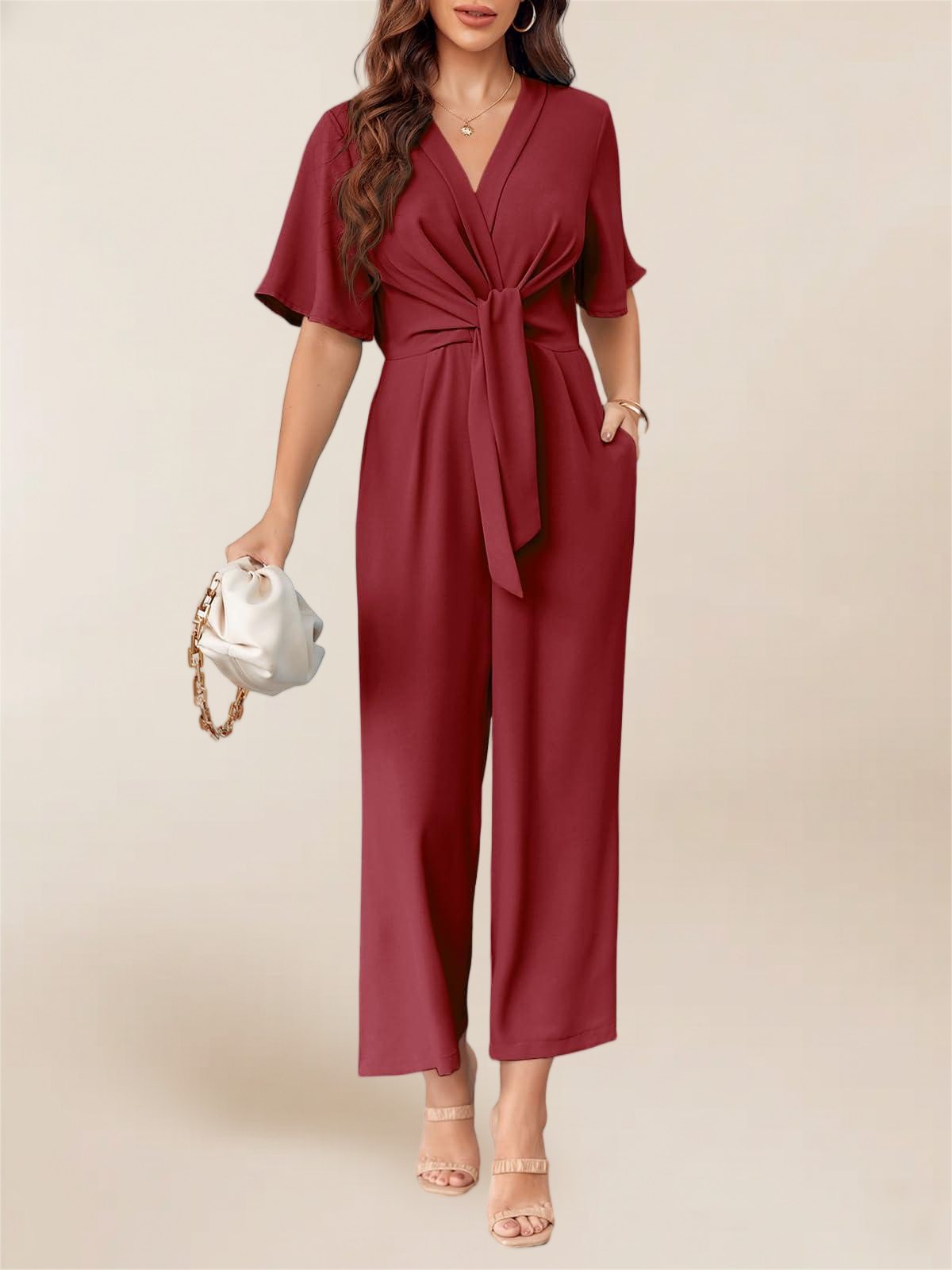 Imily Bela Women's Elegant V Neck Jumpsuits Dressy Casual Short Sleeve Wide Leg Long Pants Rompers