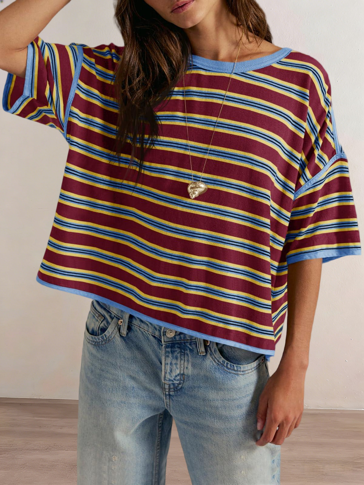 Imily Bela Womens Oversized Striped T-Shirts Summer Casual Color Block Short Sleeve Tops Drop Shoulder Boxy Tees