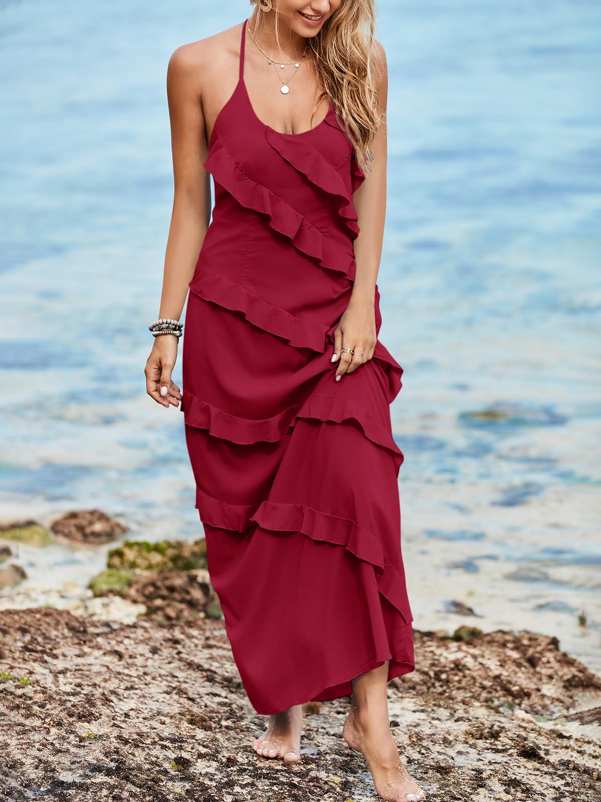 Imiy Bela Womens Sexy Chiffon Halter Maxi Dress Sleeveless Backless Ruffle Tassel Party Club Dresses