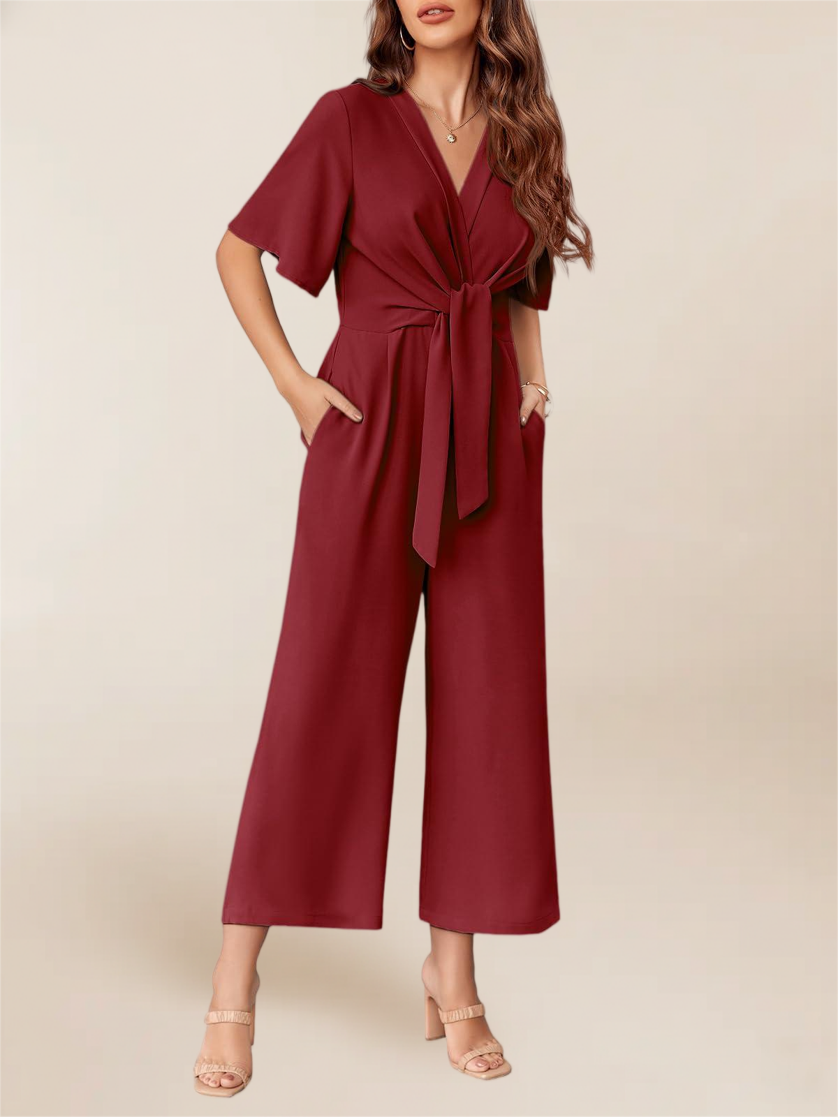 Imily Bela Women's Elegant V Neck Jumpsuits Dressy Casual Short Sleeve Wide Leg Long Pants Rompers