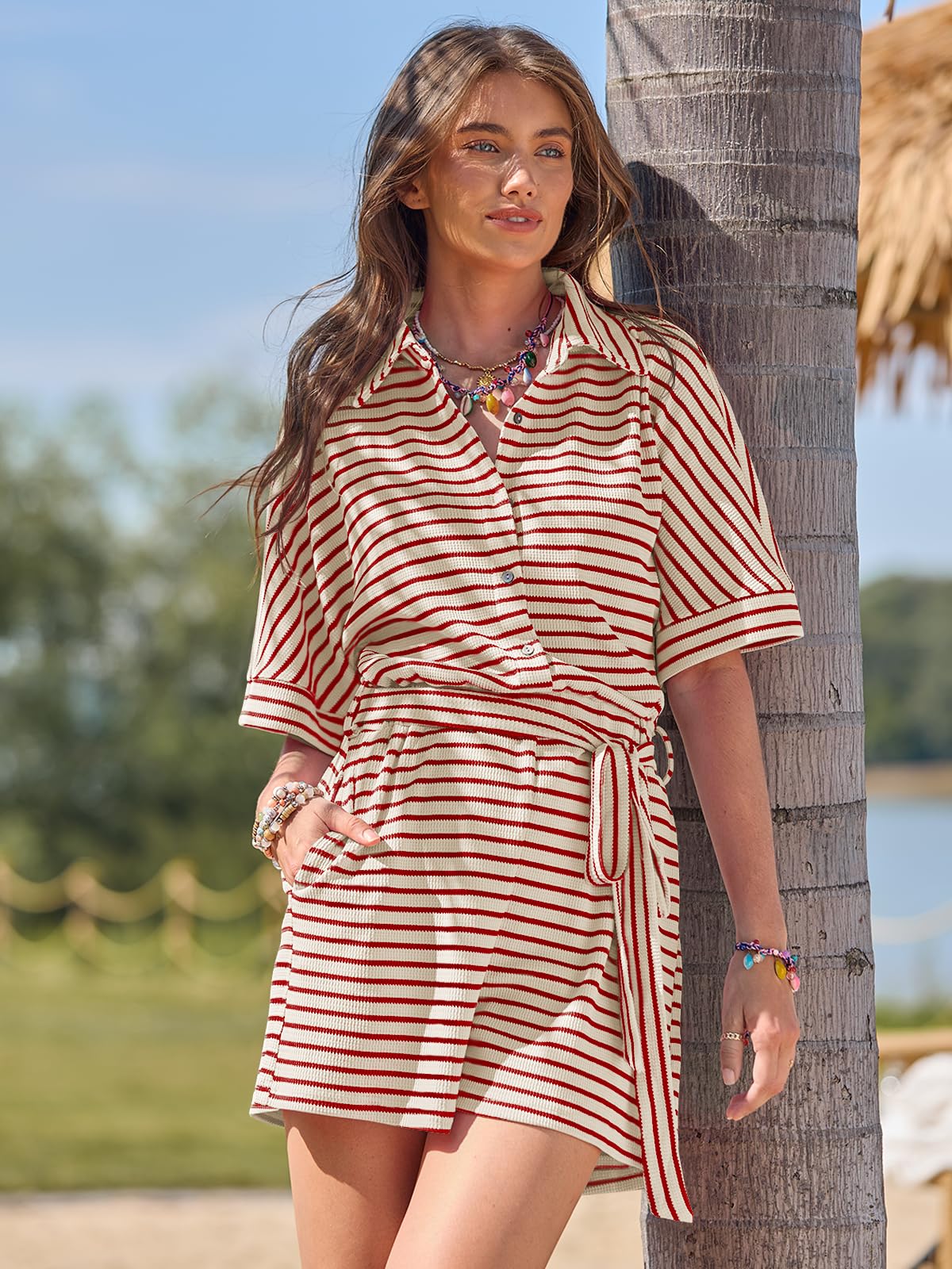 Imily Bela Womens Summer Casual Striped Rompers Short Sleeve Button Down Belted Elastic Waist Short Jumpsuit