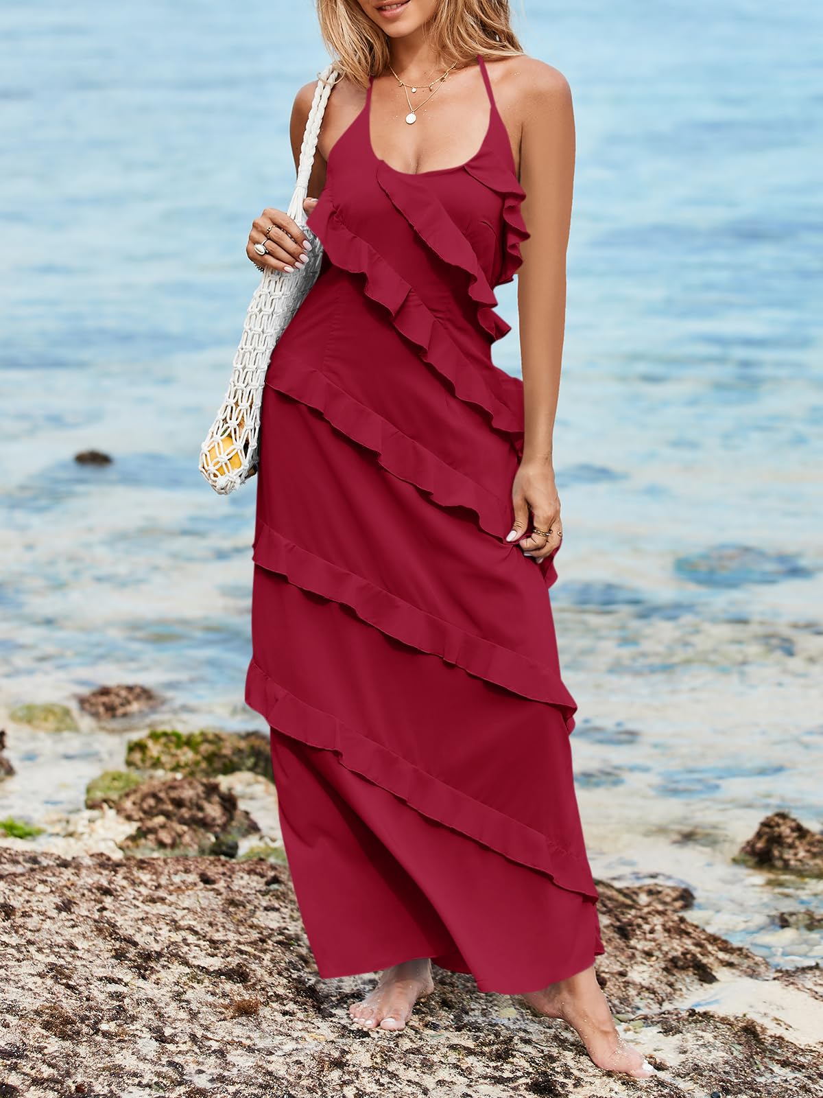 Imiy Bela Womens Sexy Chiffon Halter Maxi Dress Sleeveless Backless Ruffle Tassel Party Club Dresses