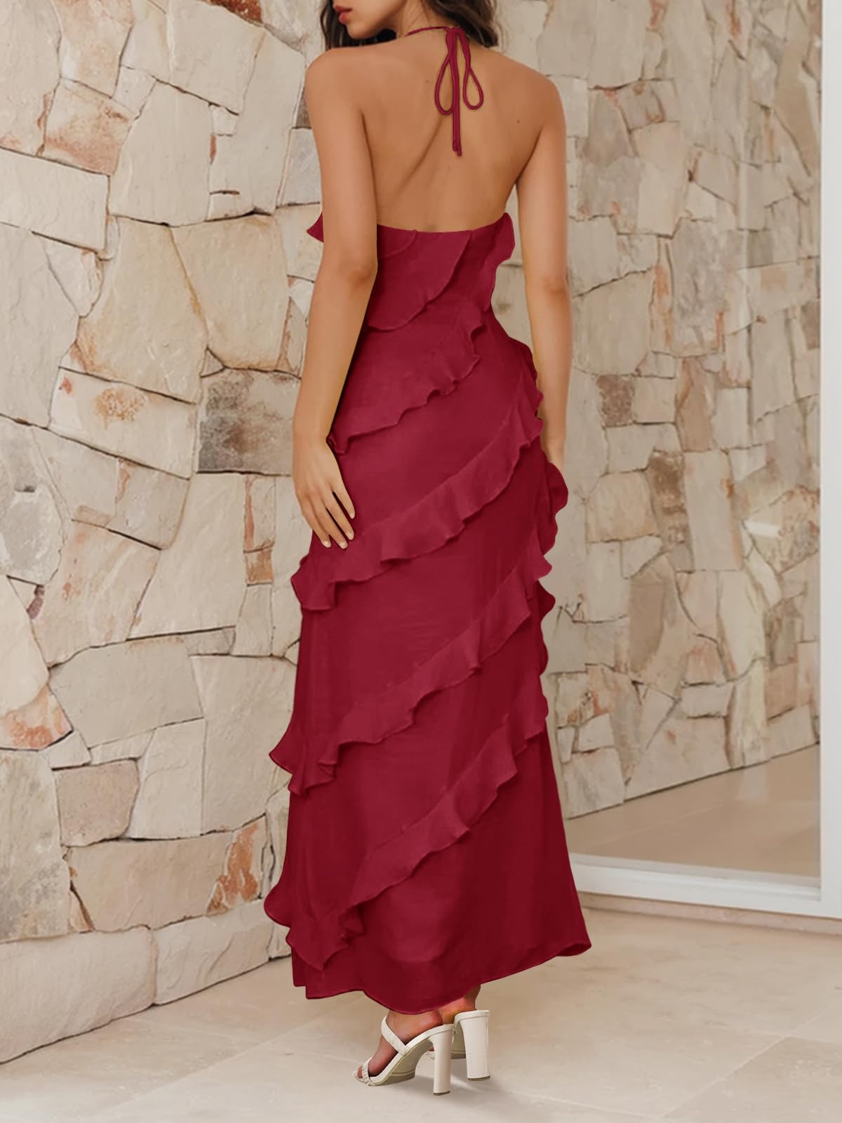 Imiy Bela Womens Sexy Chiffon Halter Maxi Dress Sleeveless Backless Ruffle Tassel Party Club Dresses