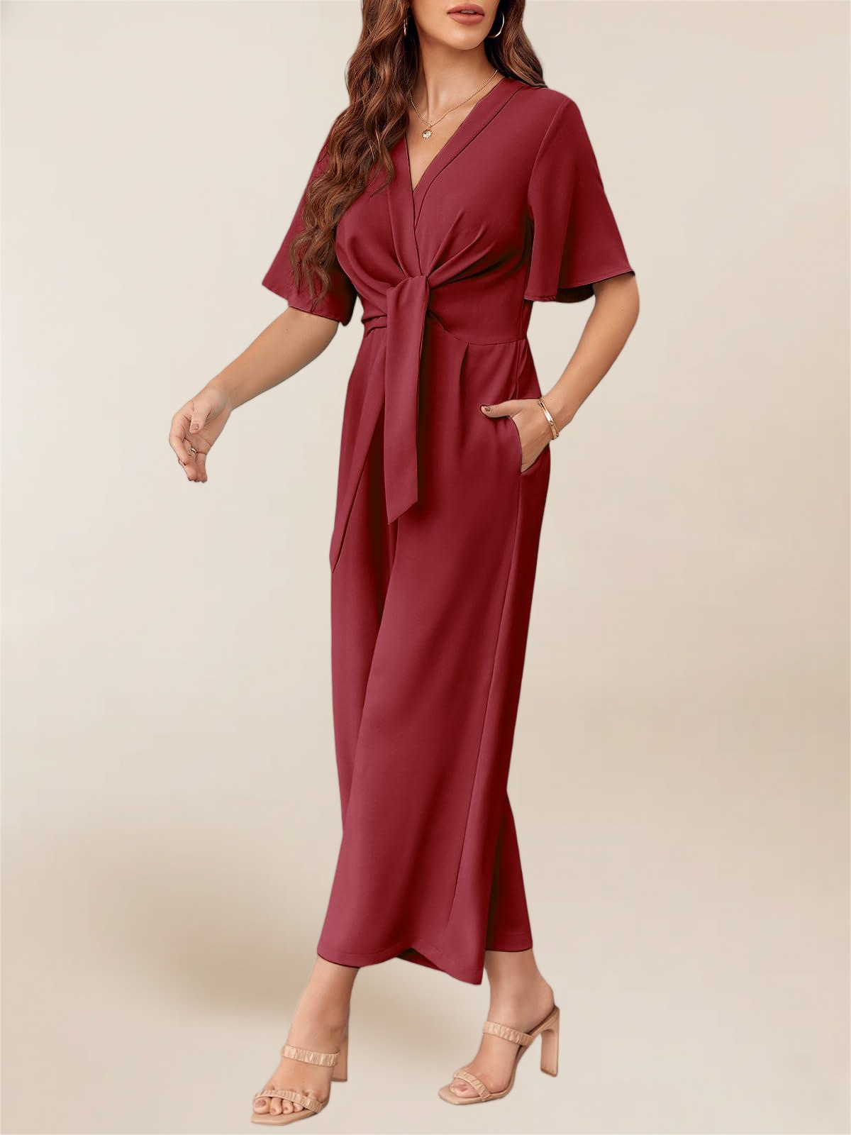 Imily Bela Women's Elegant V Neck Jumpsuits Dressy Casual Short Sleeve Wide Leg Long Pants Rompers