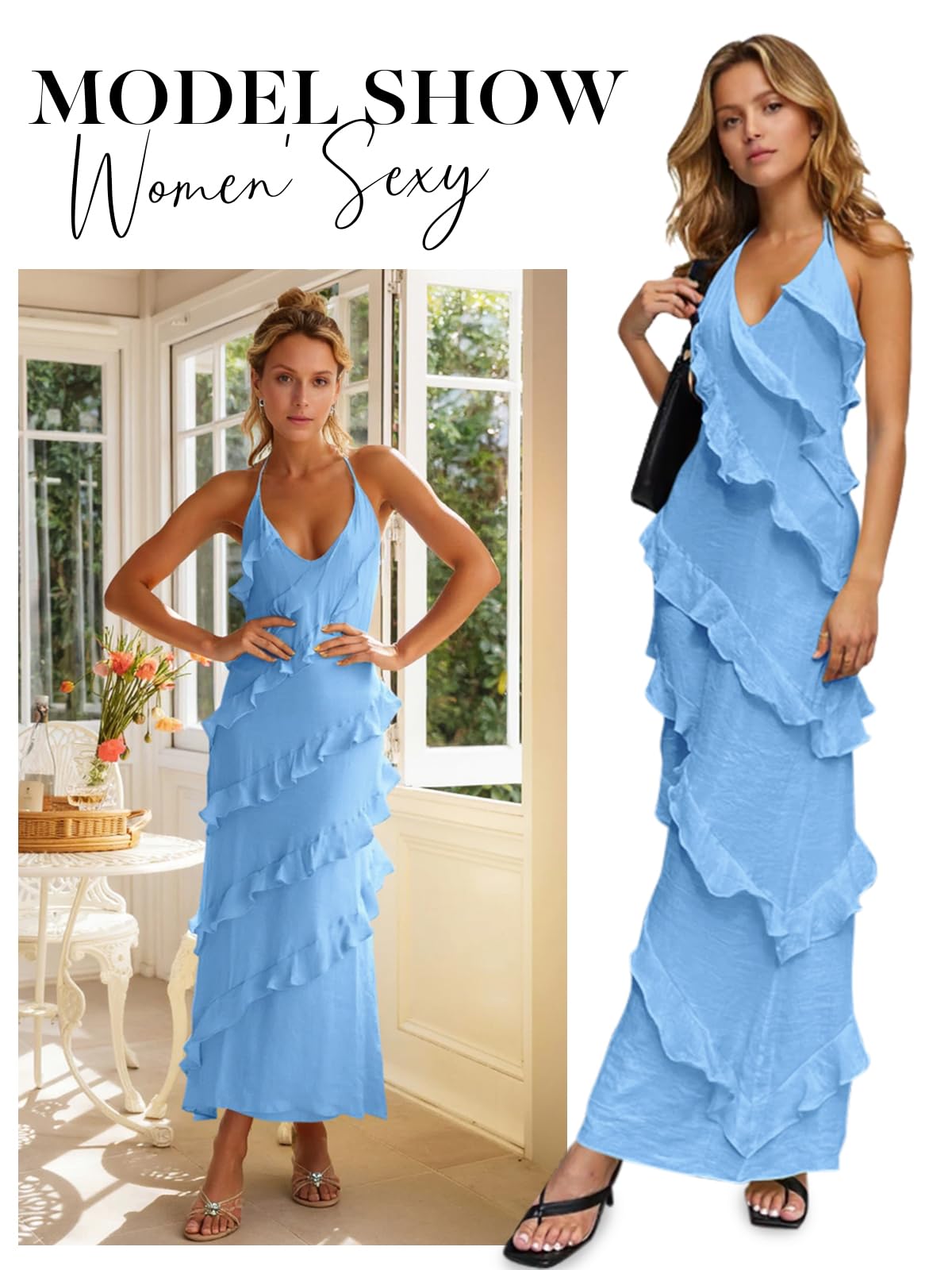 Imiy Bela Womens Sexy Chiffon Halter Maxi Dress Sleeveless Backless Ruffle Tassel Party Club Dresses