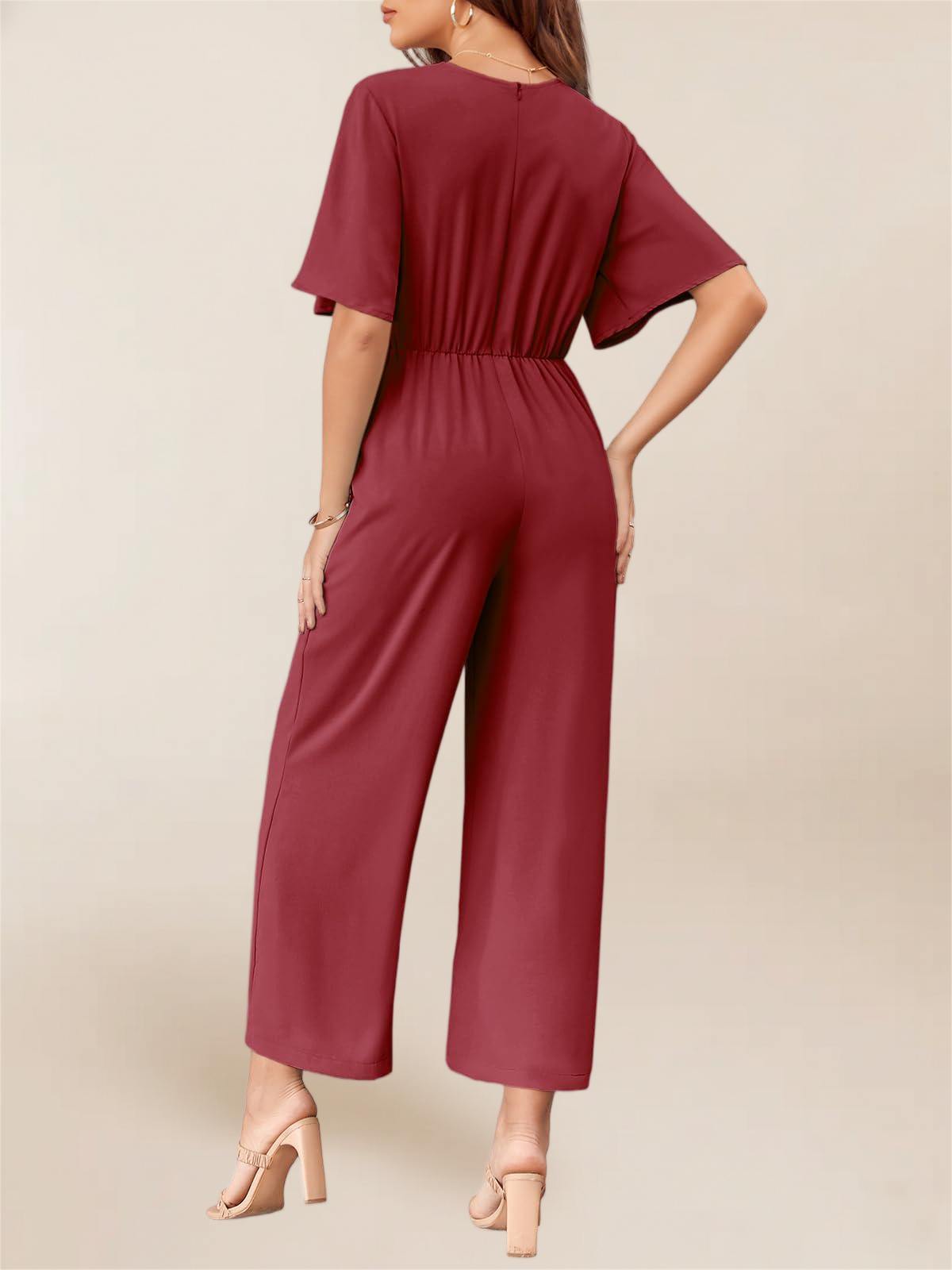 Imily Bela Women's Elegant V Neck Jumpsuits Dressy Casual Short Sleeve Wide Leg Long Pants Rompers