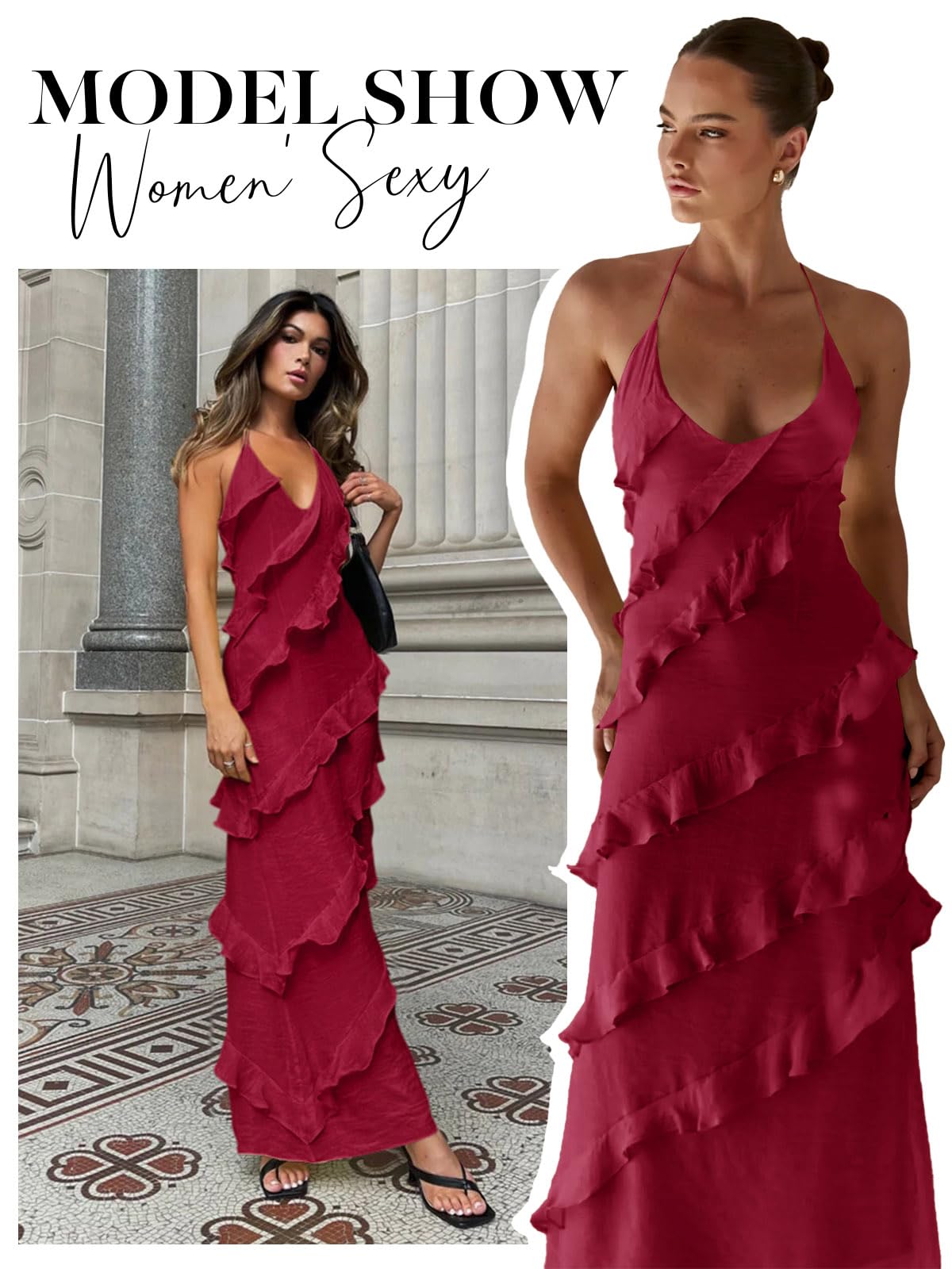 Imiy Bela Womens Sexy Chiffon Halter Maxi Dress Sleeveless Backless Ruffle Tassel Party Club Dresses